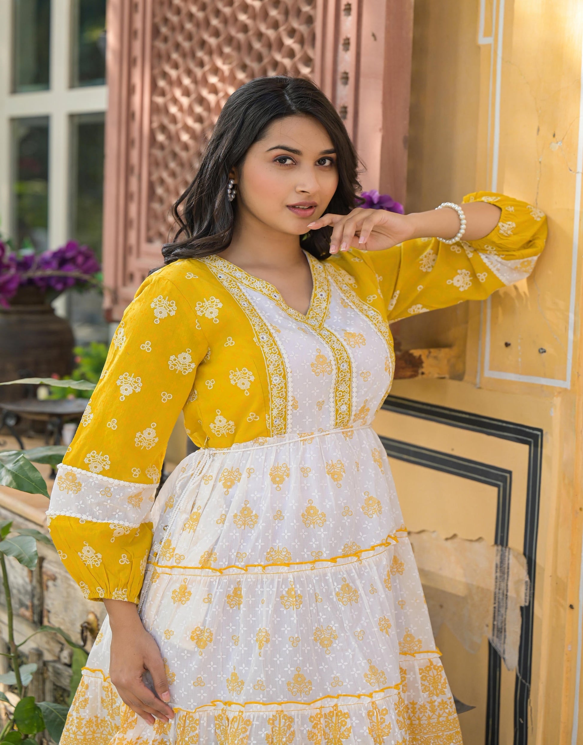 Juniper Mustard Ethnic Motif Printed Cotton Short Dress With Mirror Work & Lace