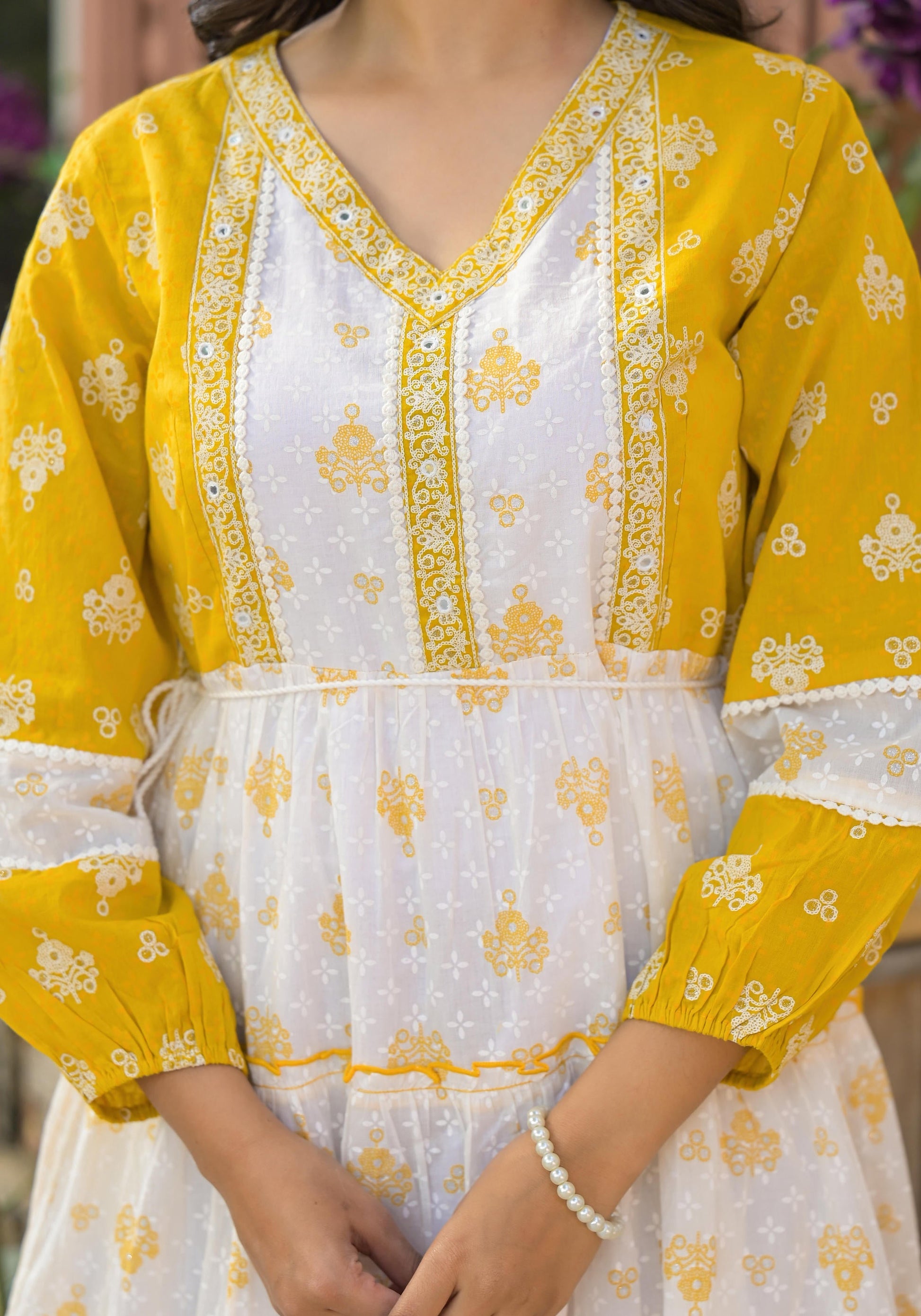 Juniper Mustard Ethnic Motif Printed Cotton Short Dress With Mirror Work & Lace