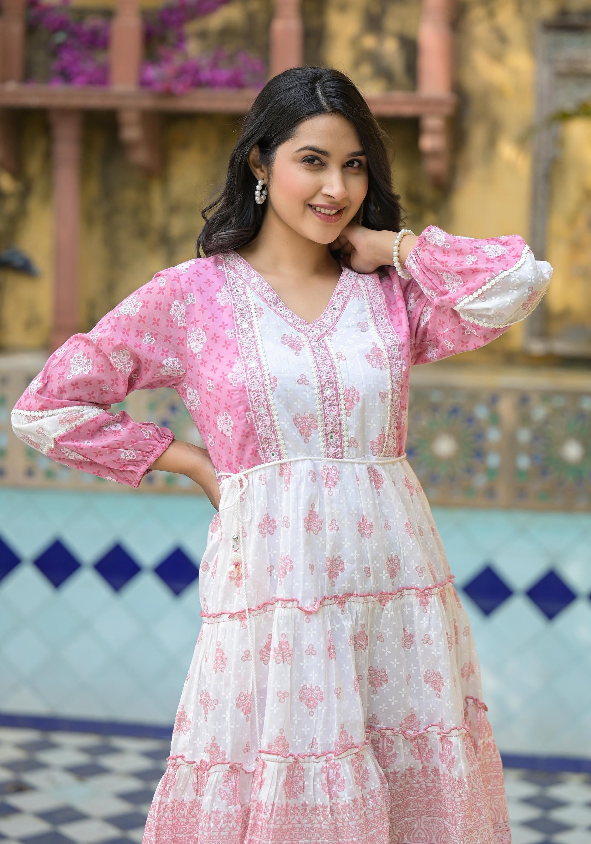Juniper Onion Pink Ethnic Motif Printed Cotton Short Dress With Mirror Work & Lace
