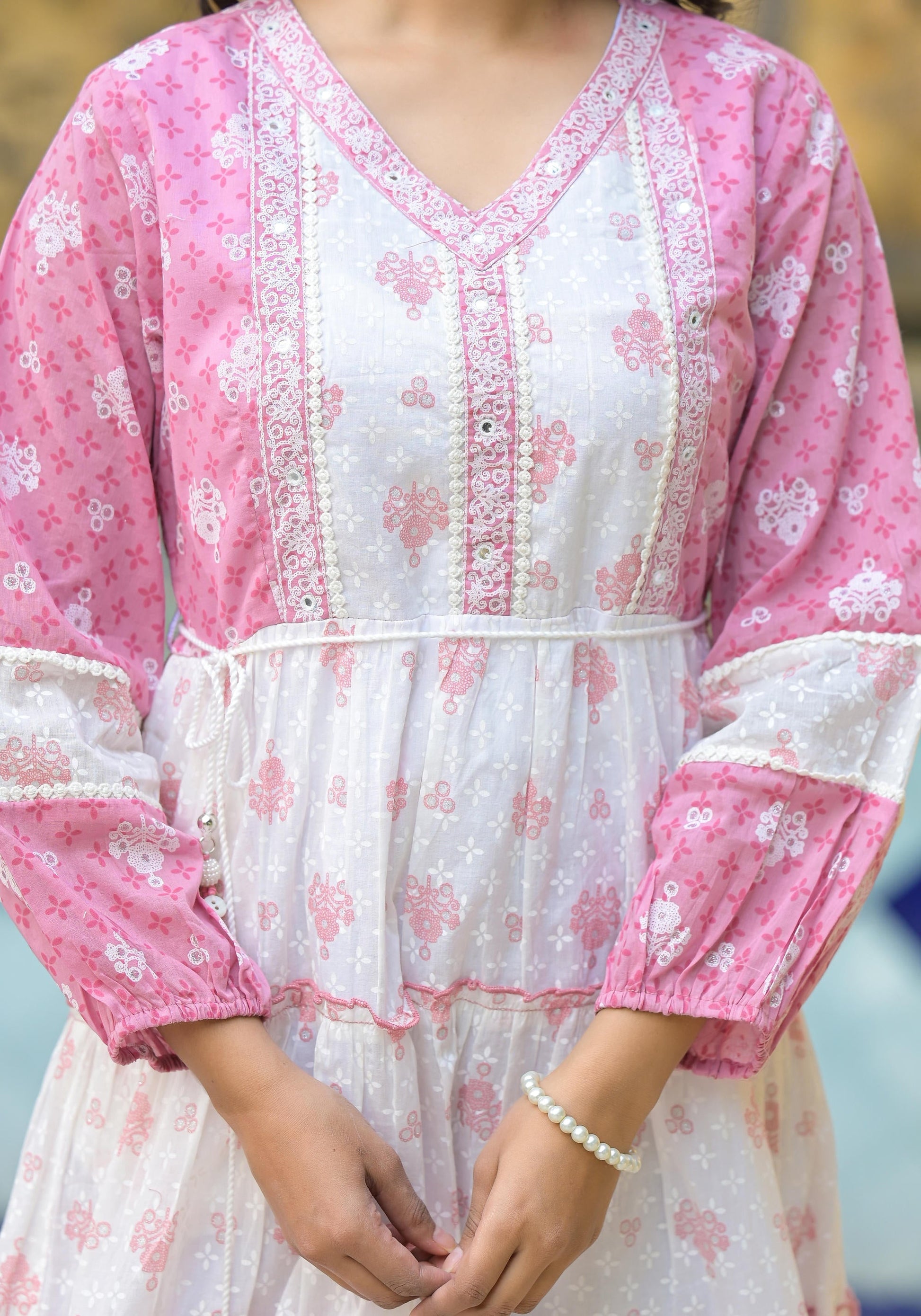Juniper Onion Pink Ethnic Motif Printed Cotton Short Dress With Mirror Work & Lace