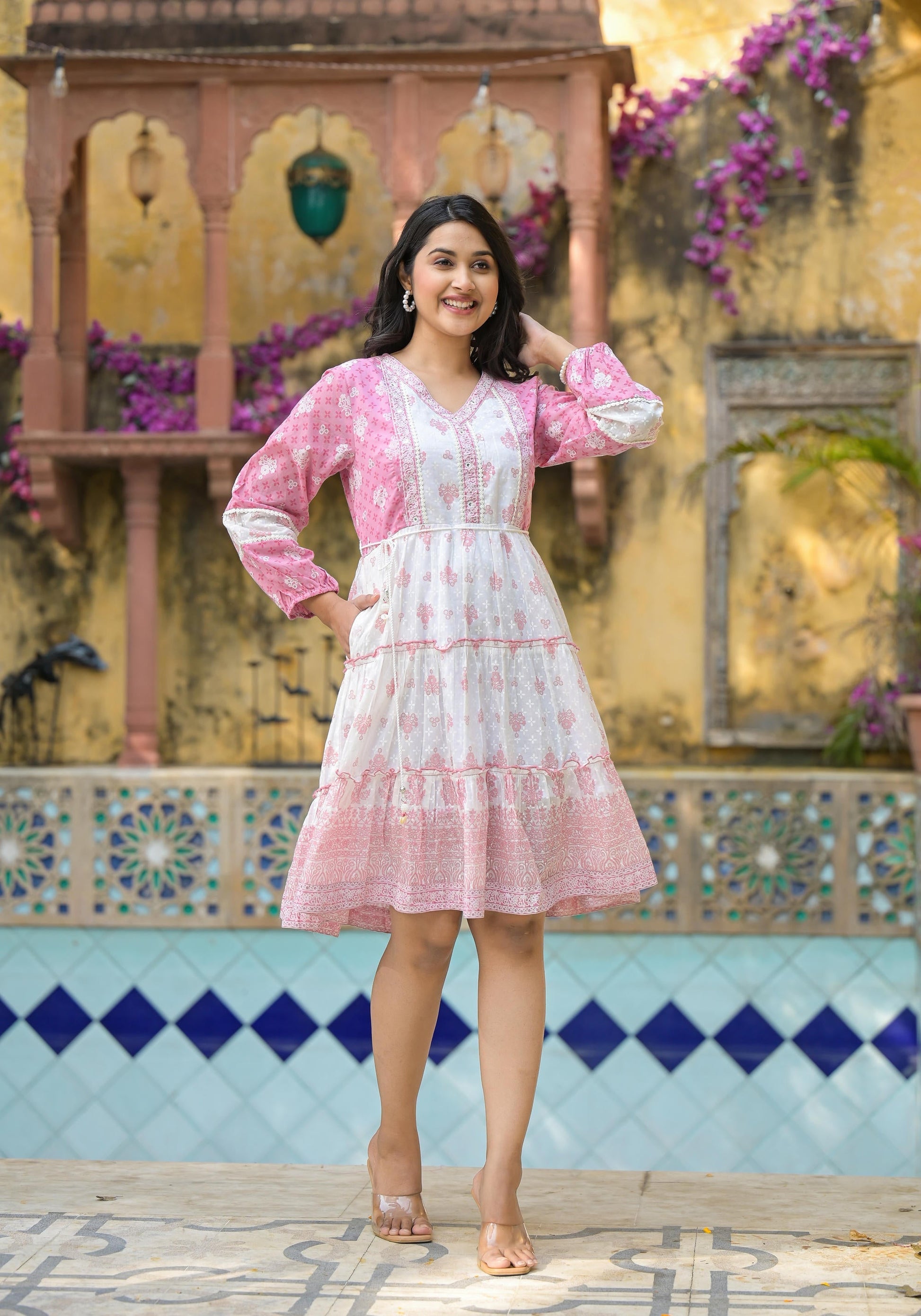 Juniper Onion Pink Ethnic Motif Printed Cotton Short Dress With Mirror Work & Lace