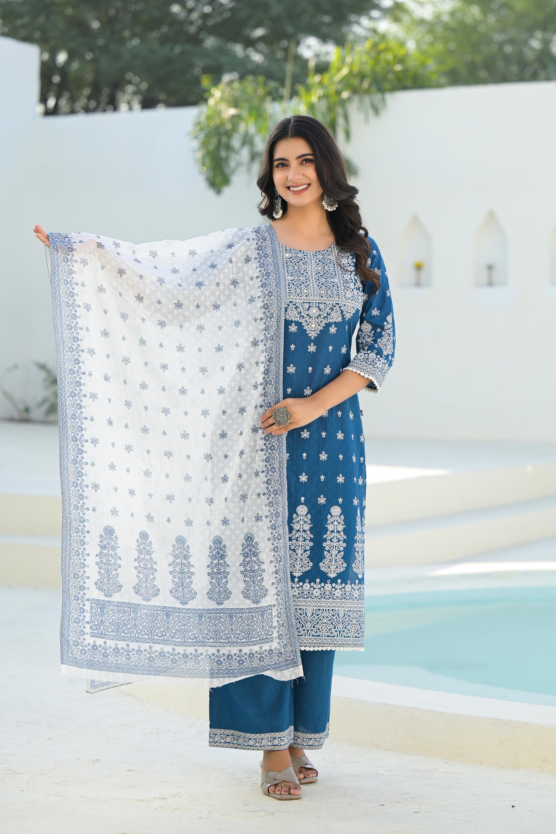 Juniper Indigo Embroidered Cotton Suit Set With Dupatta