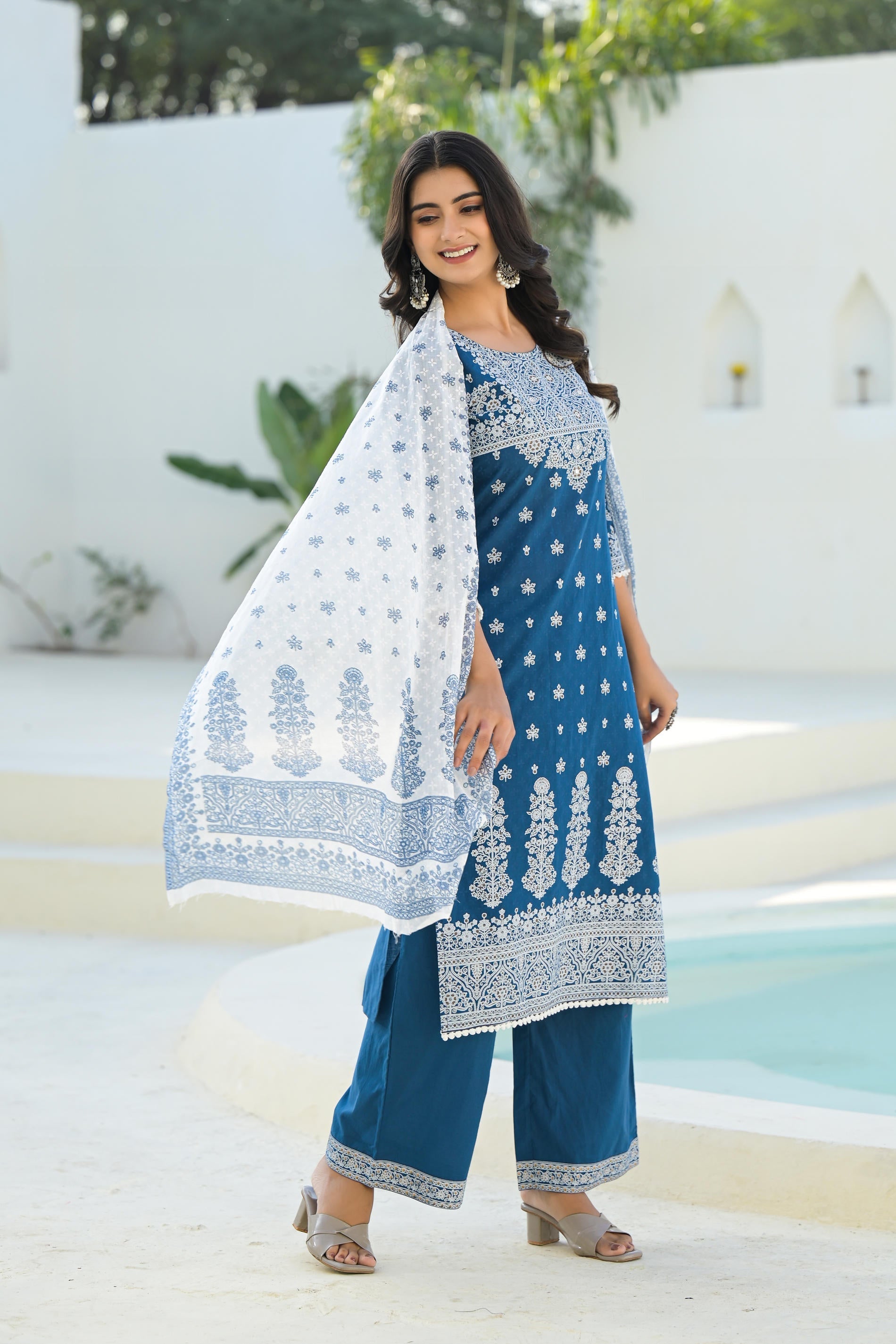Juniper Indigo Embroidered Cotton Suit Set With Dupatta