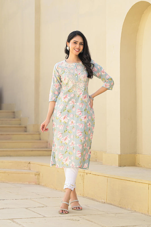 Juniper Green Floral Printed Cotton Kurta With Thread Work & Buttons | Grab2Buy