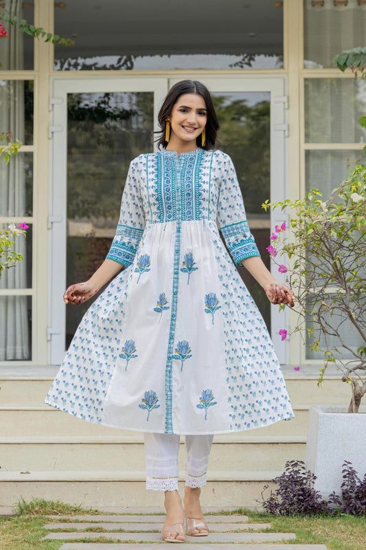 Juniper Women's White Floral Printed Cotton Kurta With Buttons | Grab2Buy