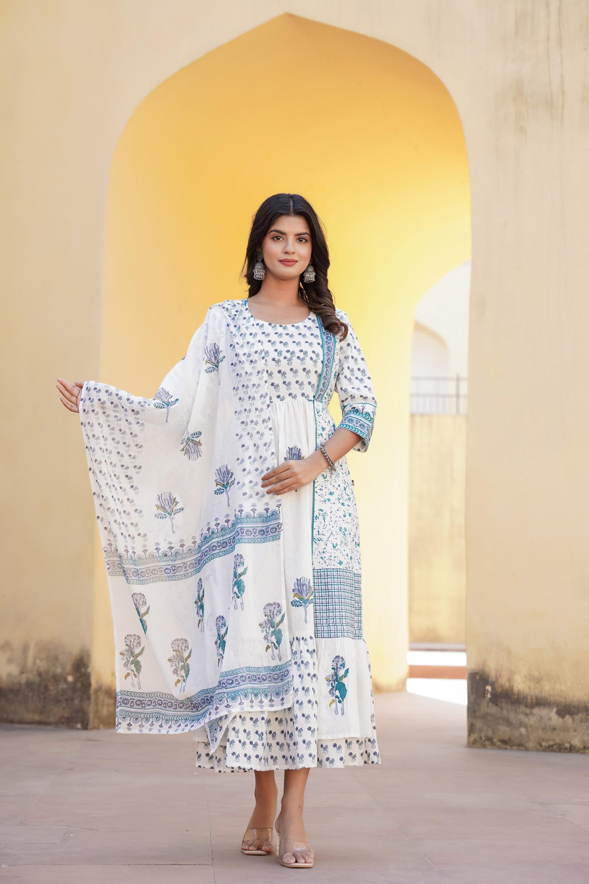 Juniper White Floral Printed Cotton Kurta & Dupatta With Lace