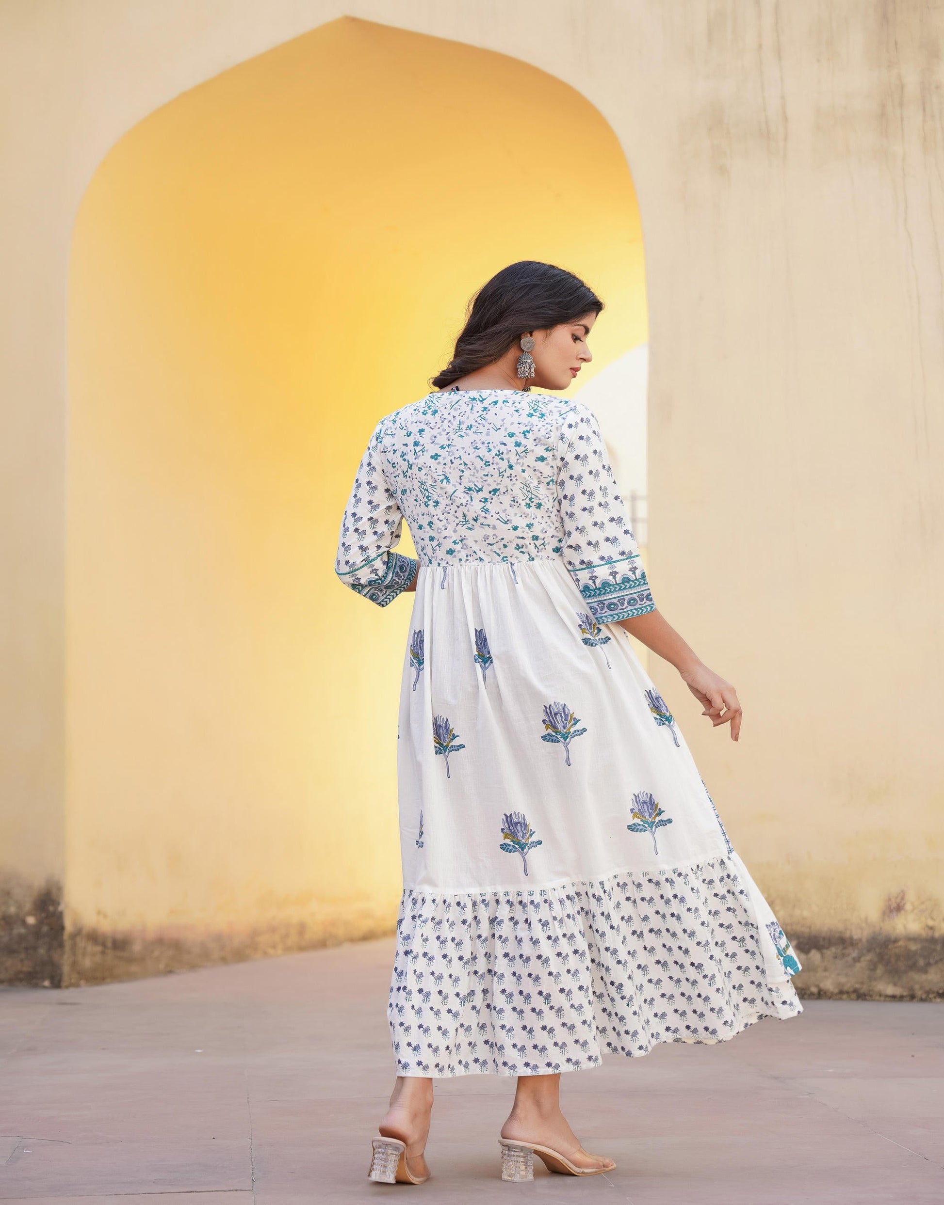 Juniper White Floral Printed Cotton Dress & Dupatta With Lace