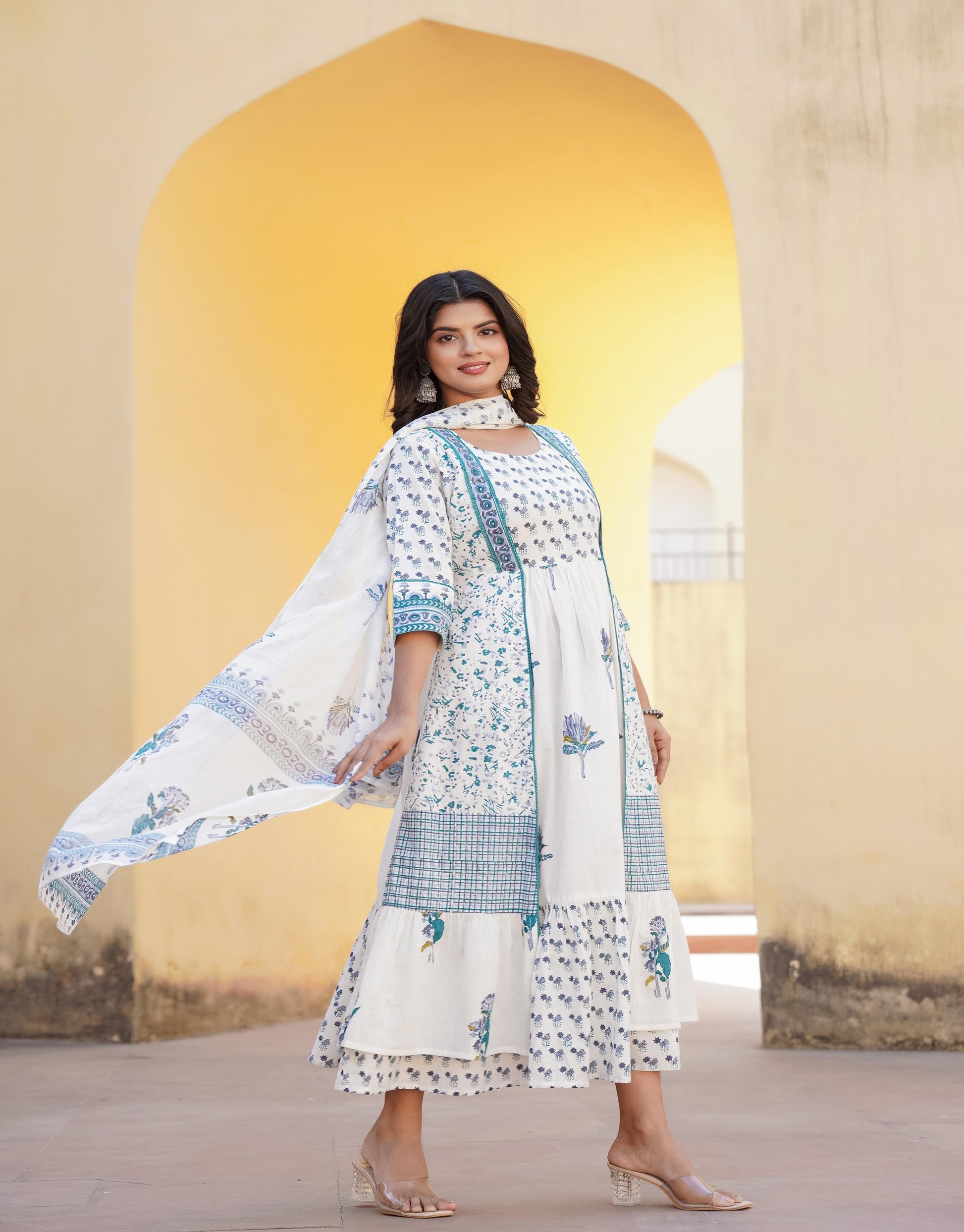 Juniper White Floral Printed Cotton Kurta & Dupatta With Lace