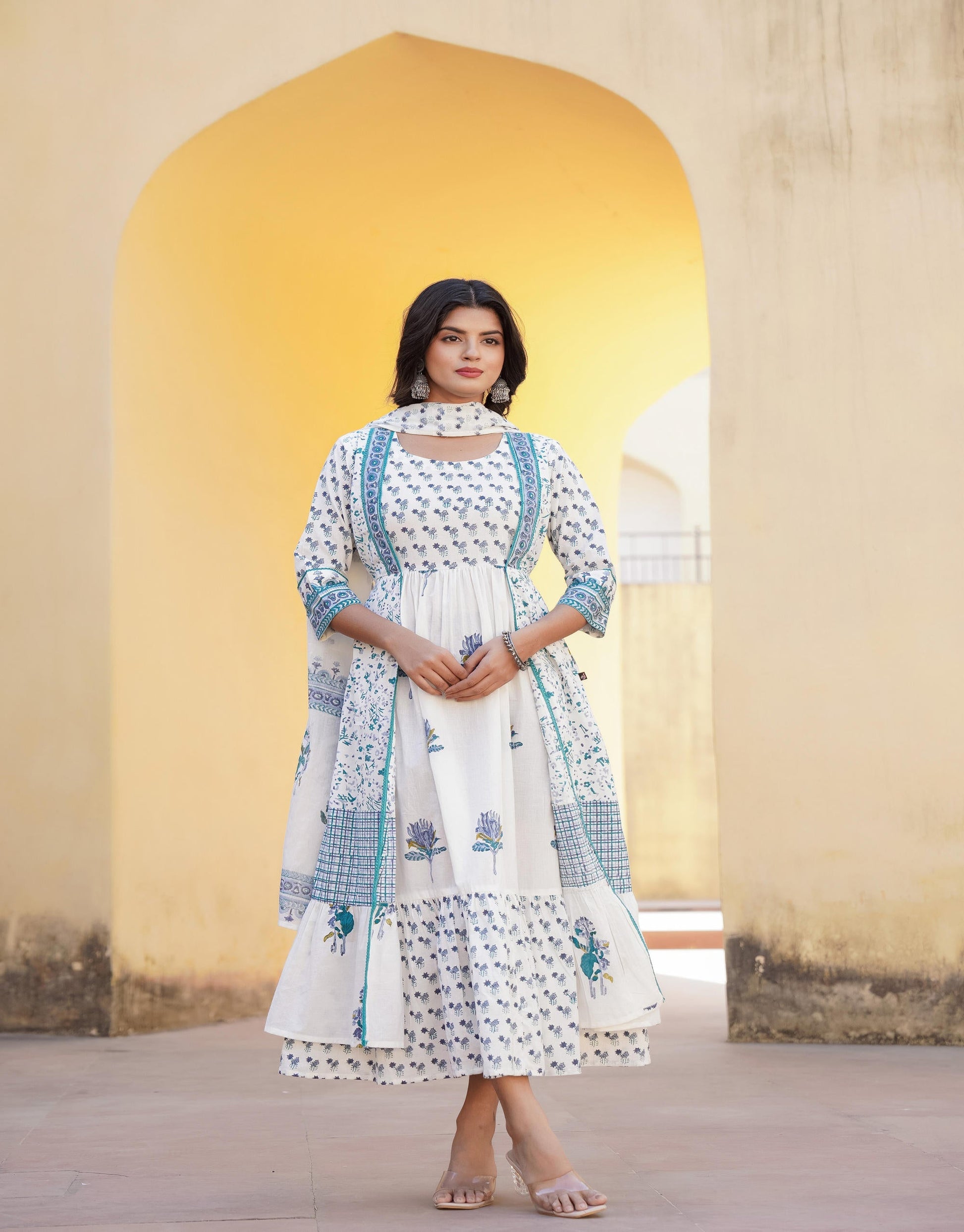 Juniper White Floral Printed Cotton Kurta & Dupatta With Lace