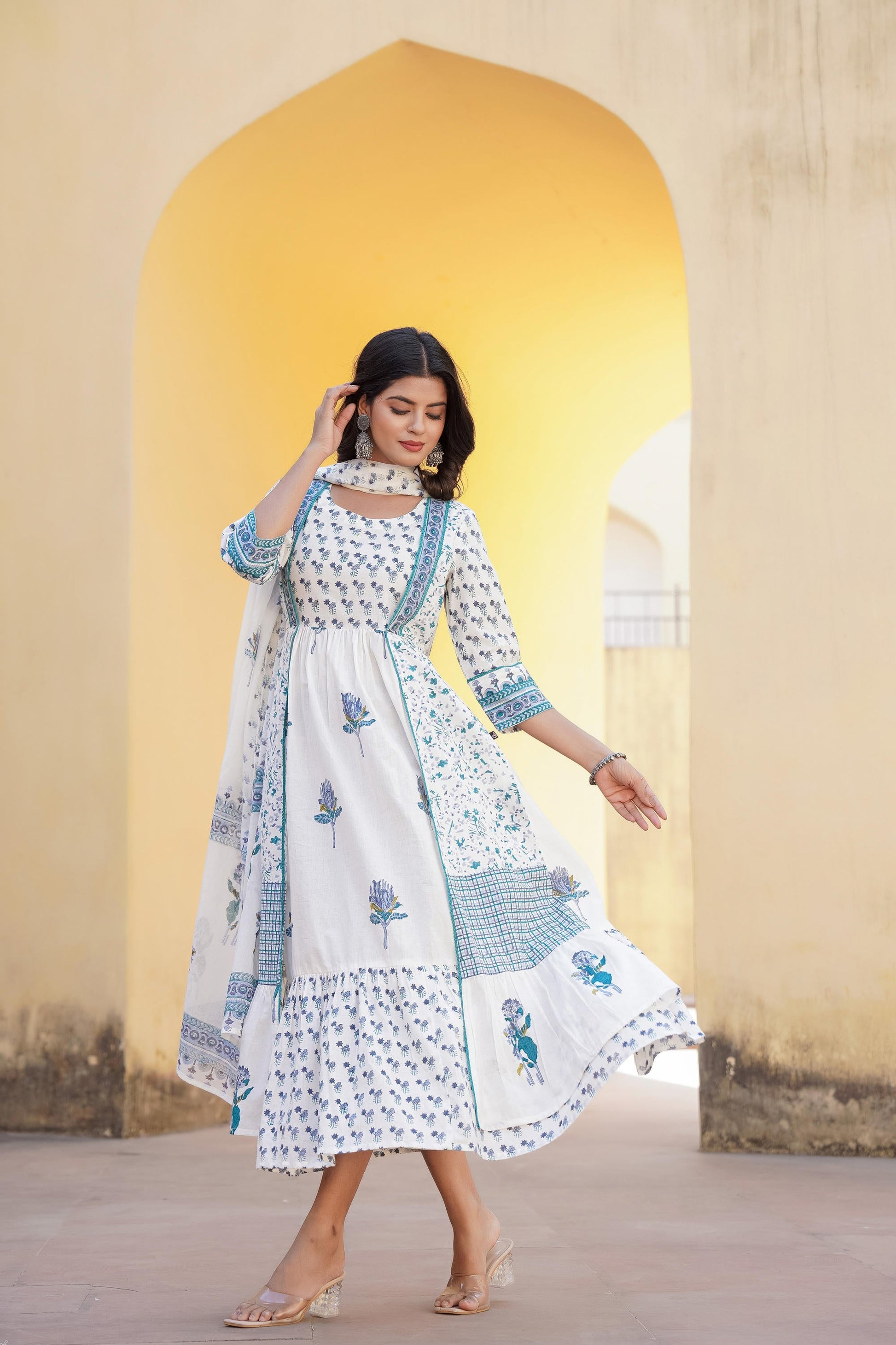 Juniper White Floral Printed Cotton Kurta & Dupatta With Lace