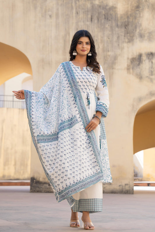 Juniper White Floral Printed Cotton Kurta Pant And Dupatta Set With Sequins & Beads
