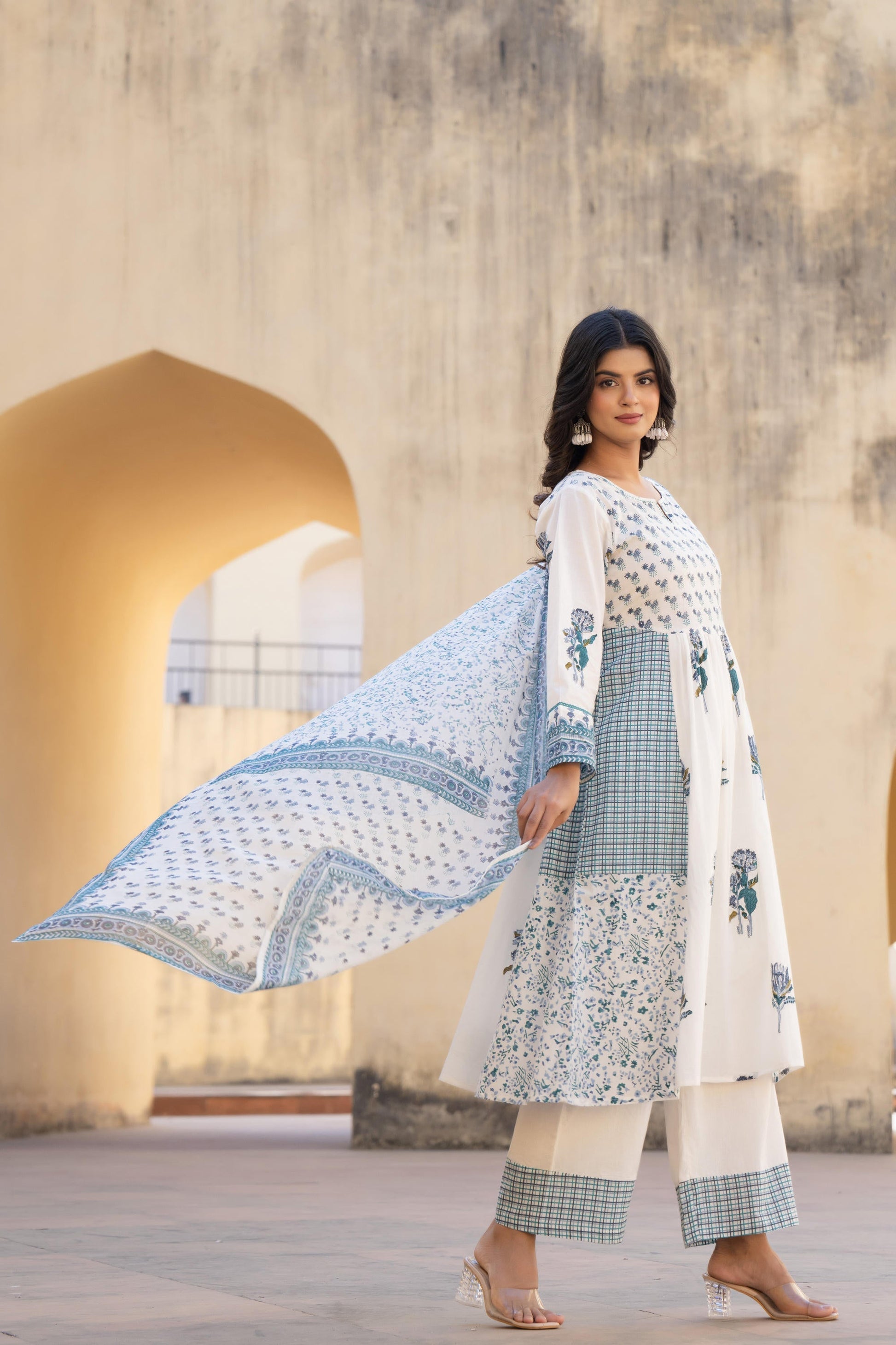 Juniper White Floral Printed Cotton Kurta Pant And Dupatta Set With Sequins & Beads