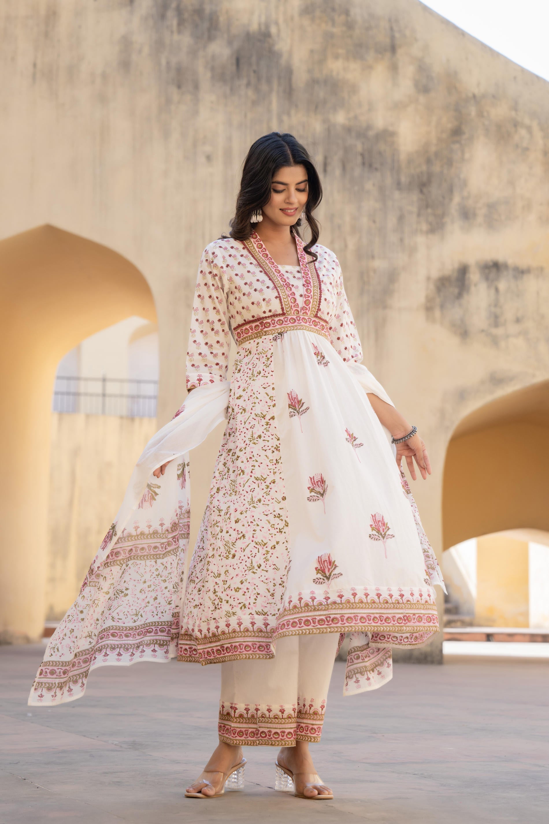 Juniper Gulab Pink Baagh Anarkali Cotton Suit Set