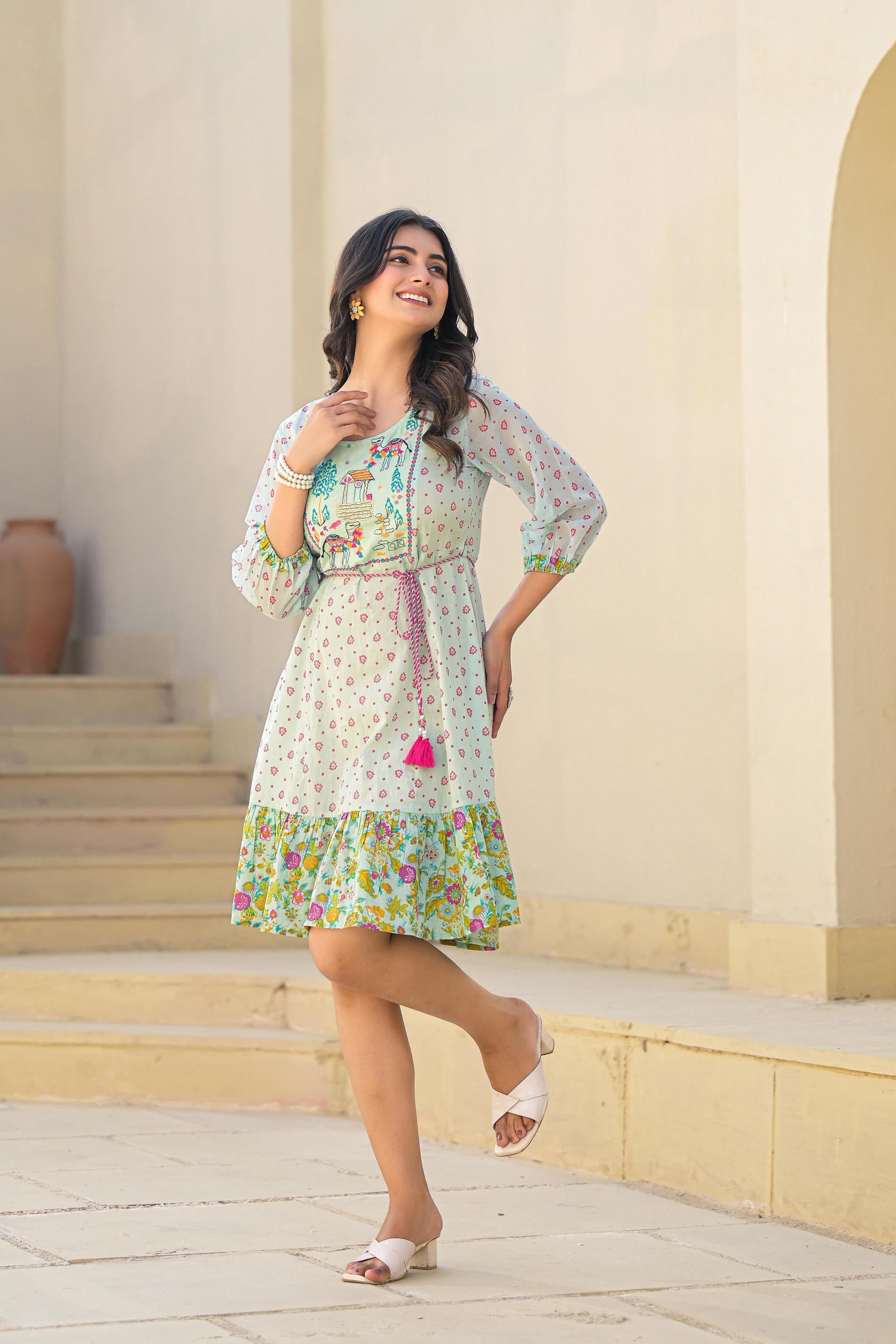 Juniper Mint Green Ethnic Motif Printed Short Dress With Dori