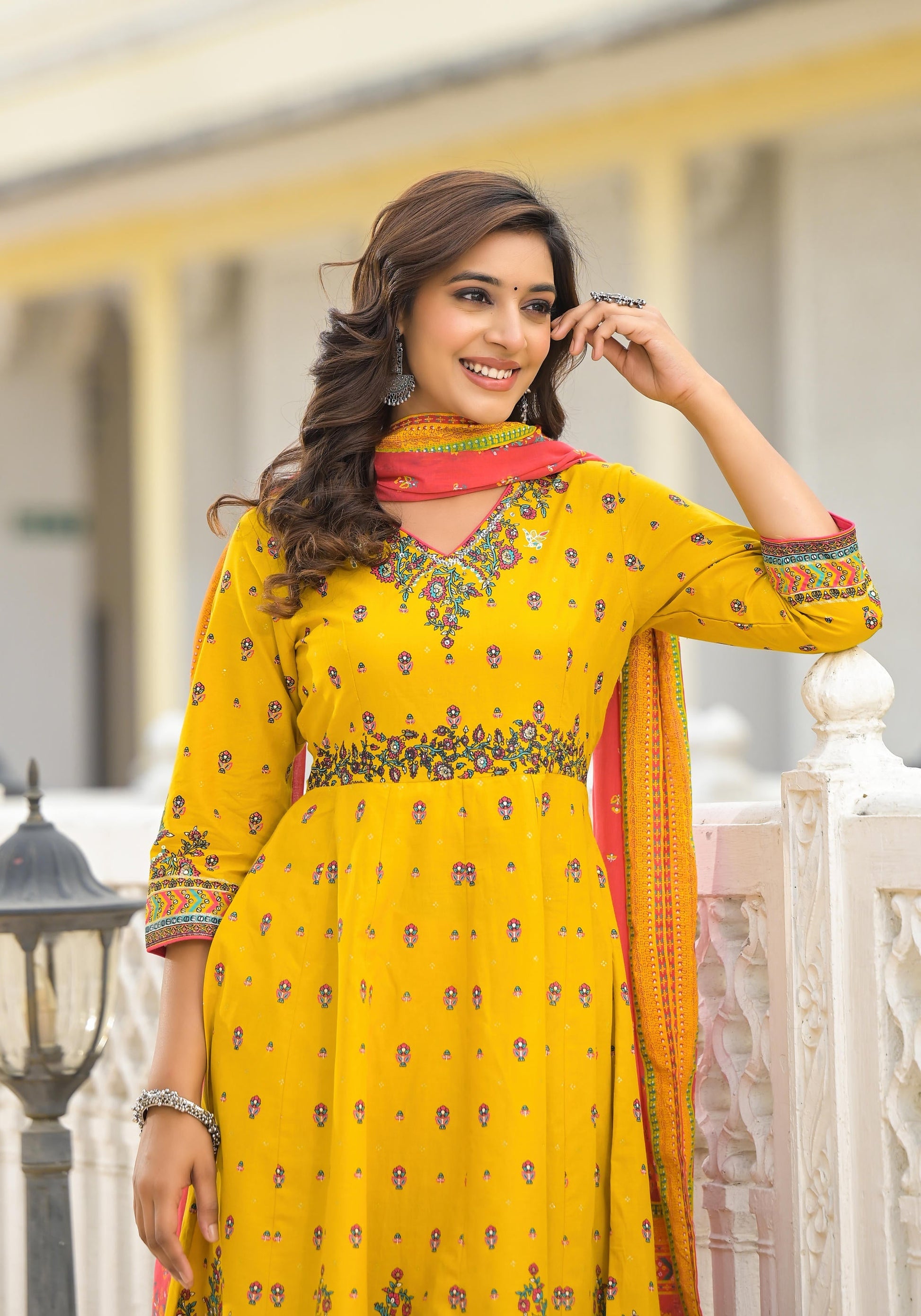 Juniper Mustard Ethnic Motif Printed Cotton A-Line Kurta Pant And Dupatta Set With Sequins