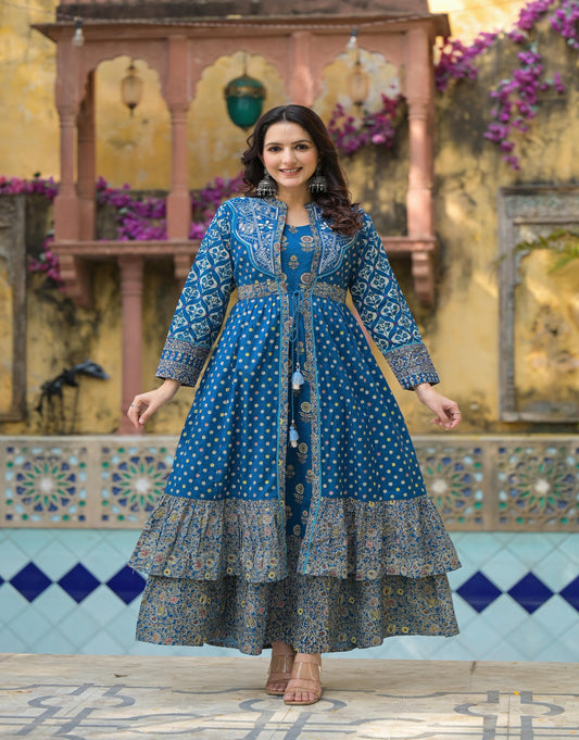 Juniper Indigo Floral Printed Cotton Long Dress & Shrug With Doris