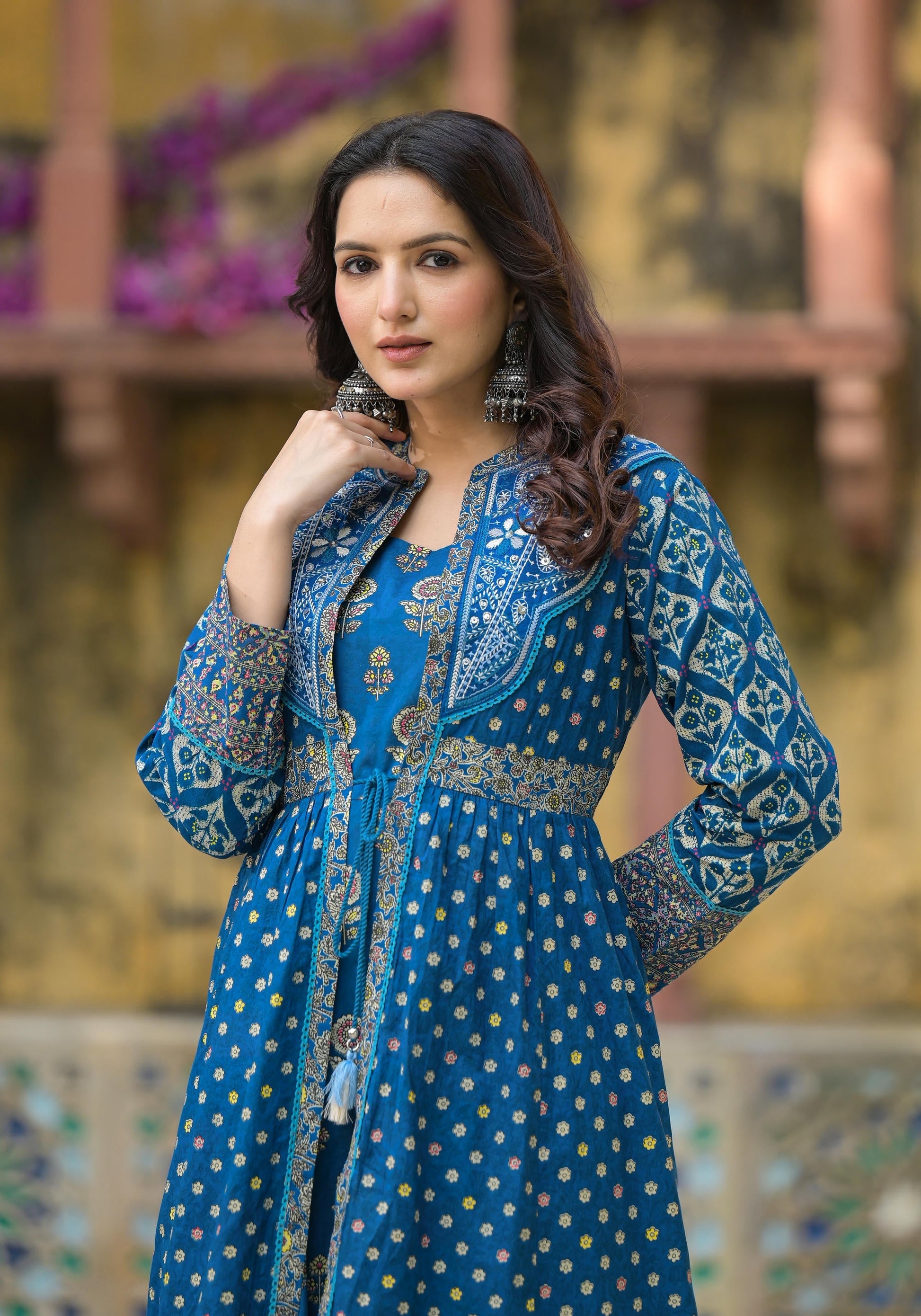Juniper Indigo Floral Printed Cotton Long Dress & Shrug With Doris