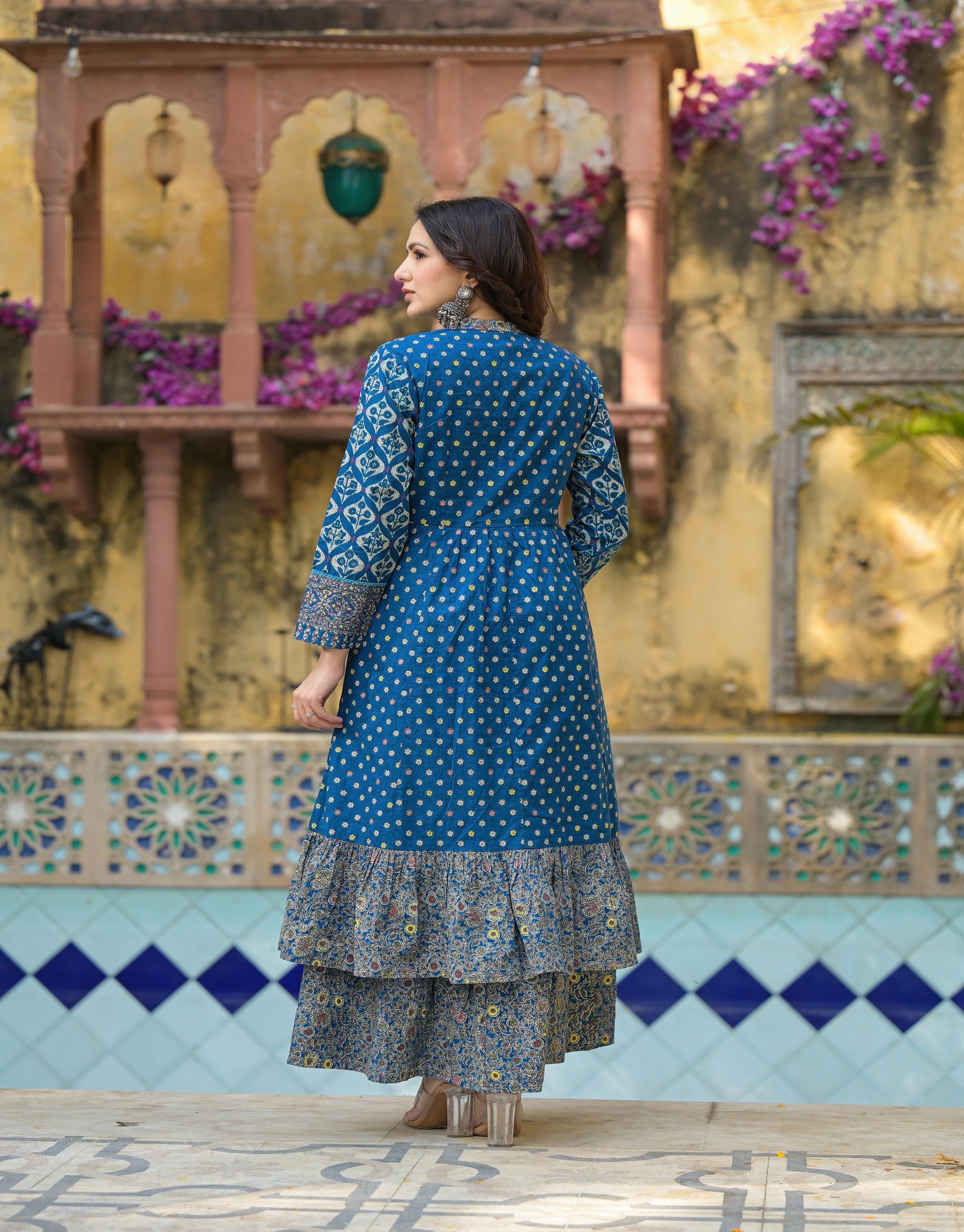 Juniper Indigo Floral Printed Cotton Long Dress & Shrug With Doris