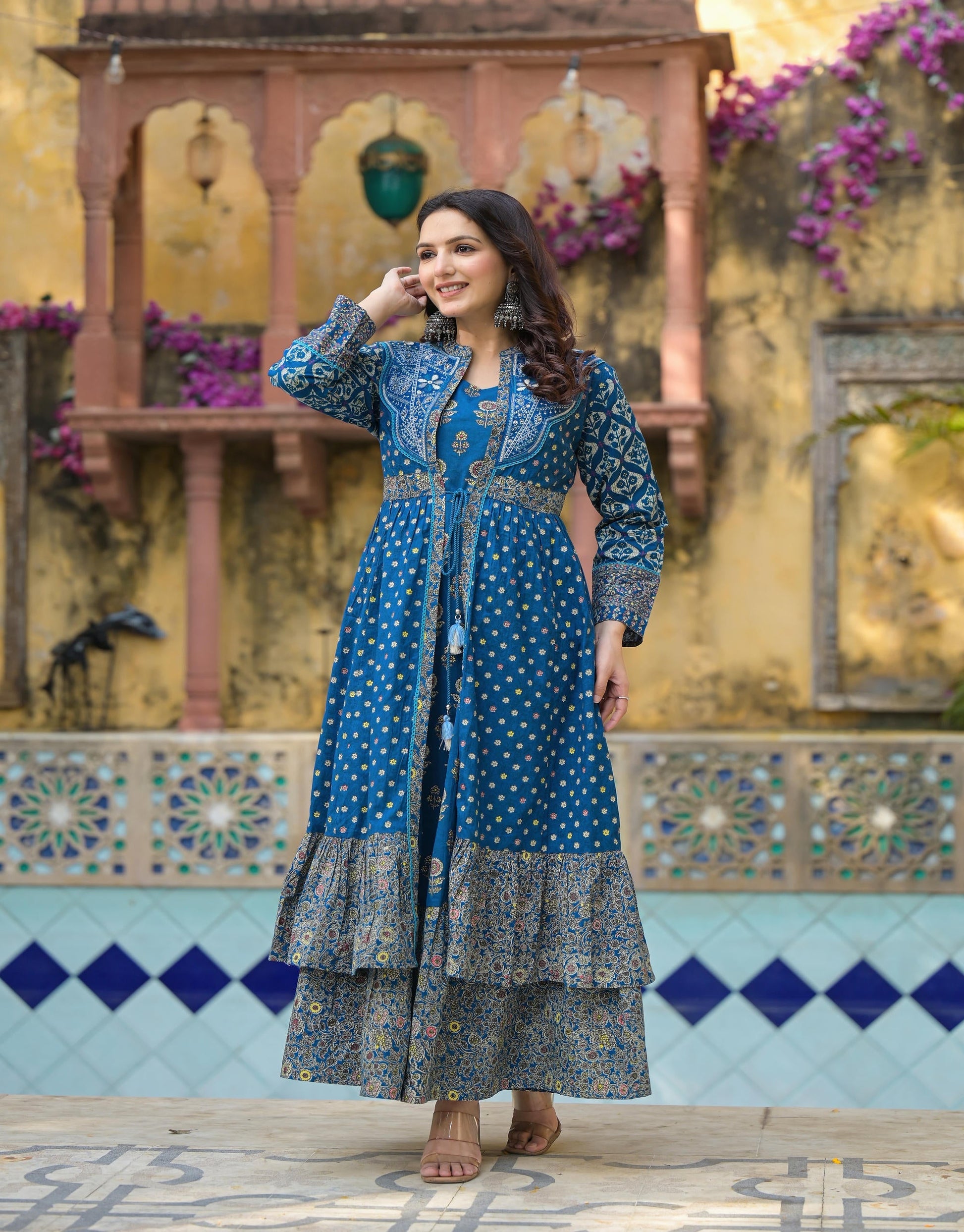 Juniper Indigo Floral Printed Cotton Long Dress & Shrug With Doris