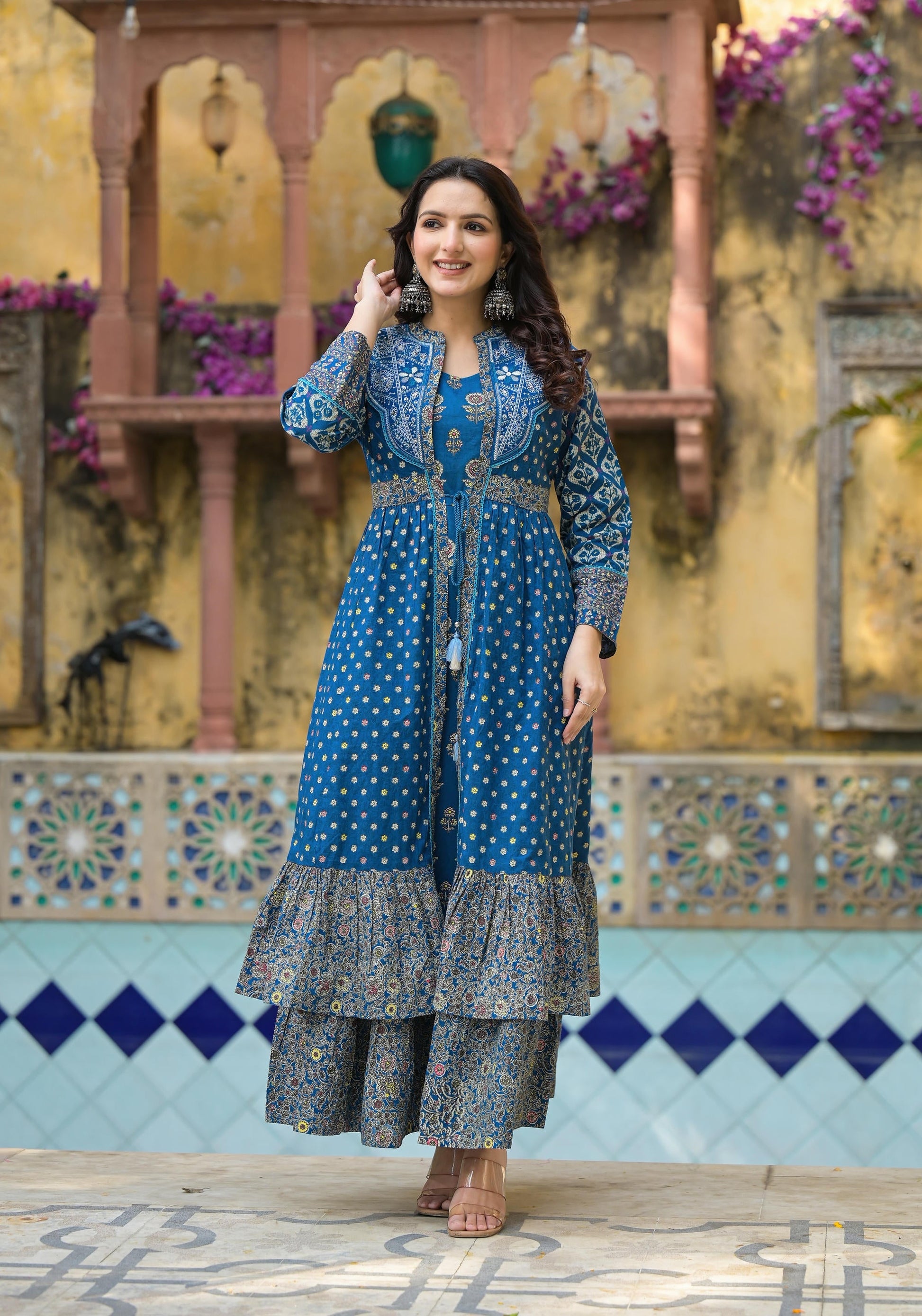 Juniper Indigo Floral Printed Cotton Long Dress & Shrug With Doris
