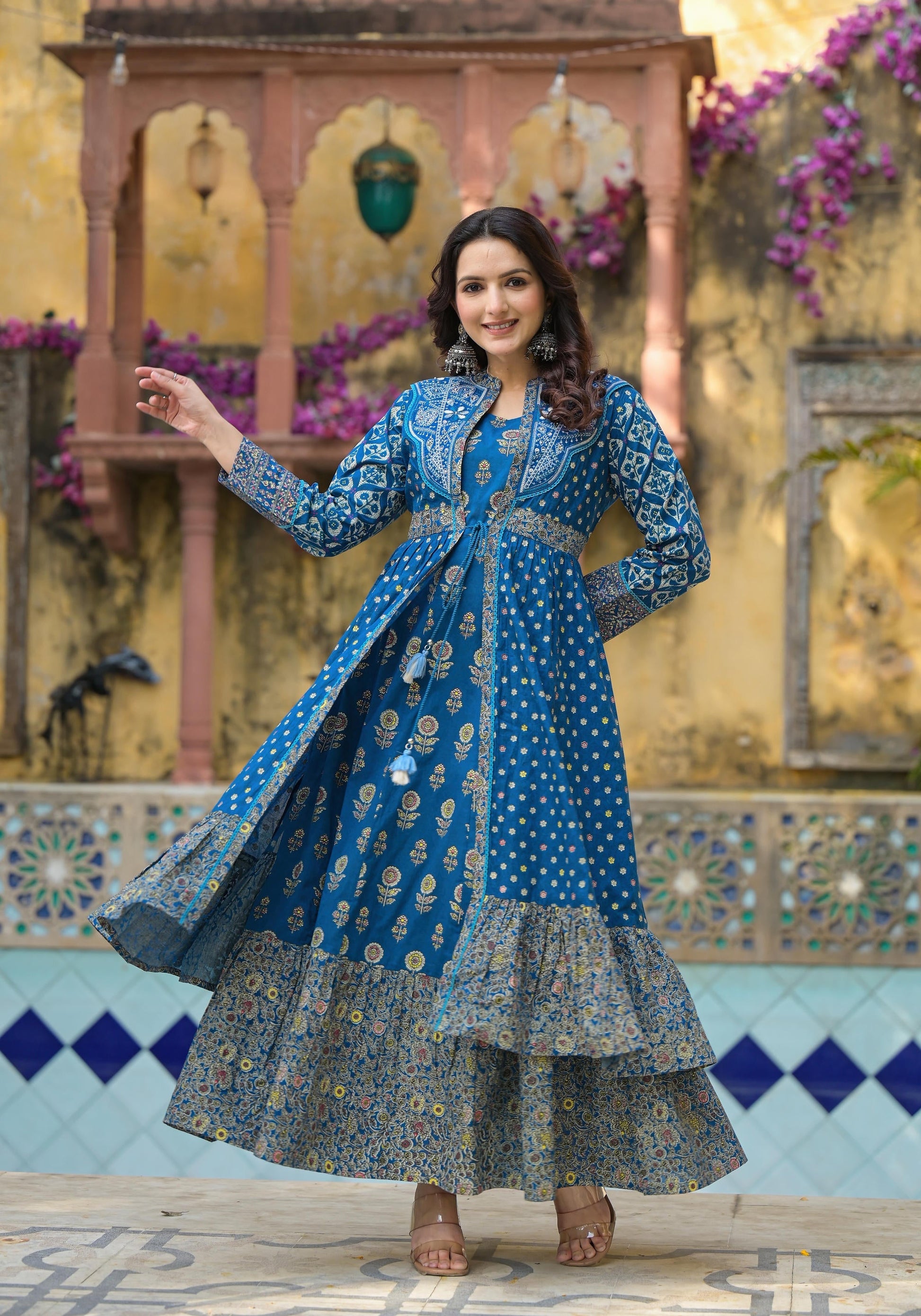 Juniper Indigo Floral Printed Cotton Long Dress & Shrug With Doris