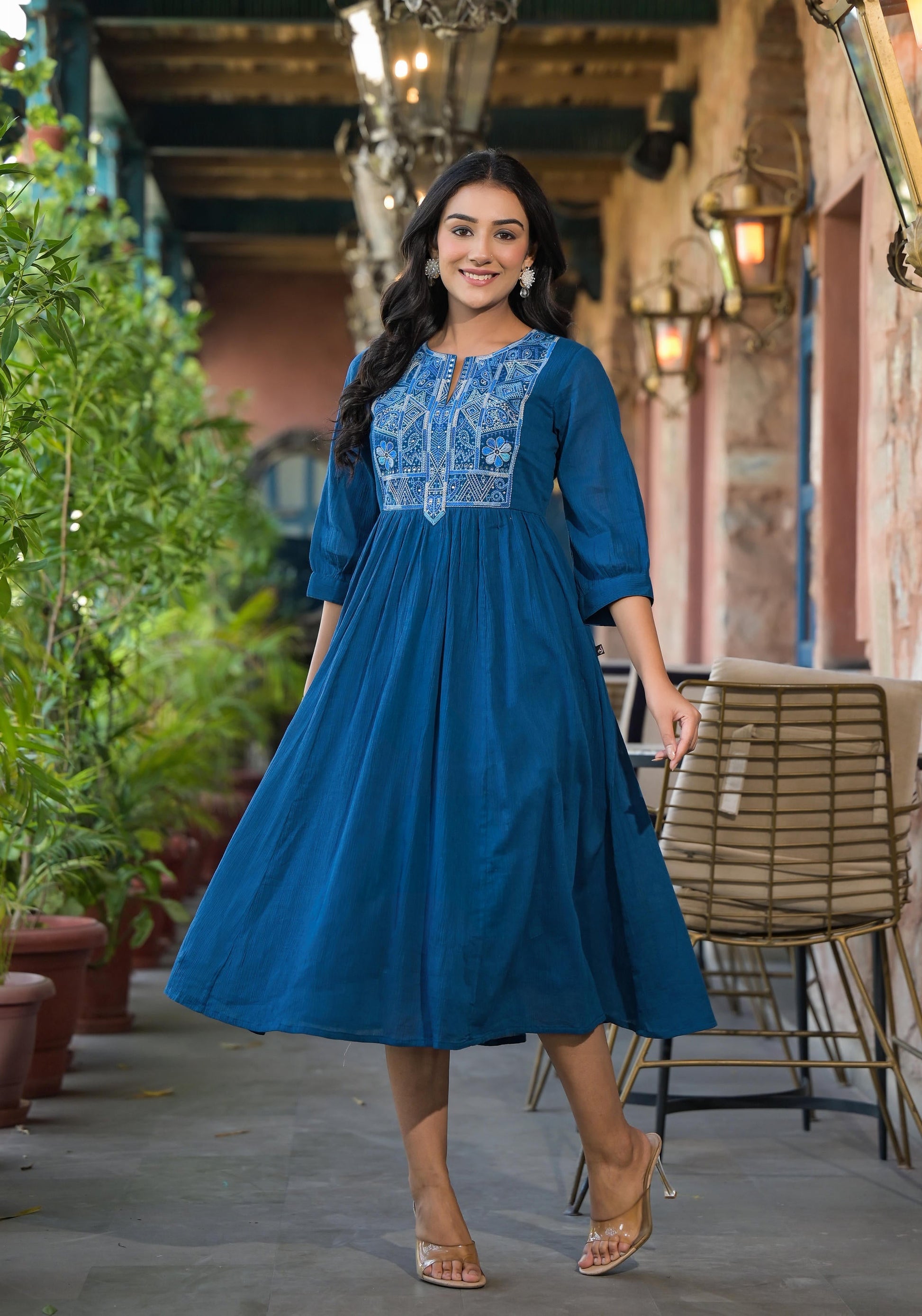 Juniper Women's Indigo Solid Cotton Long Dress With Thread Embroidery