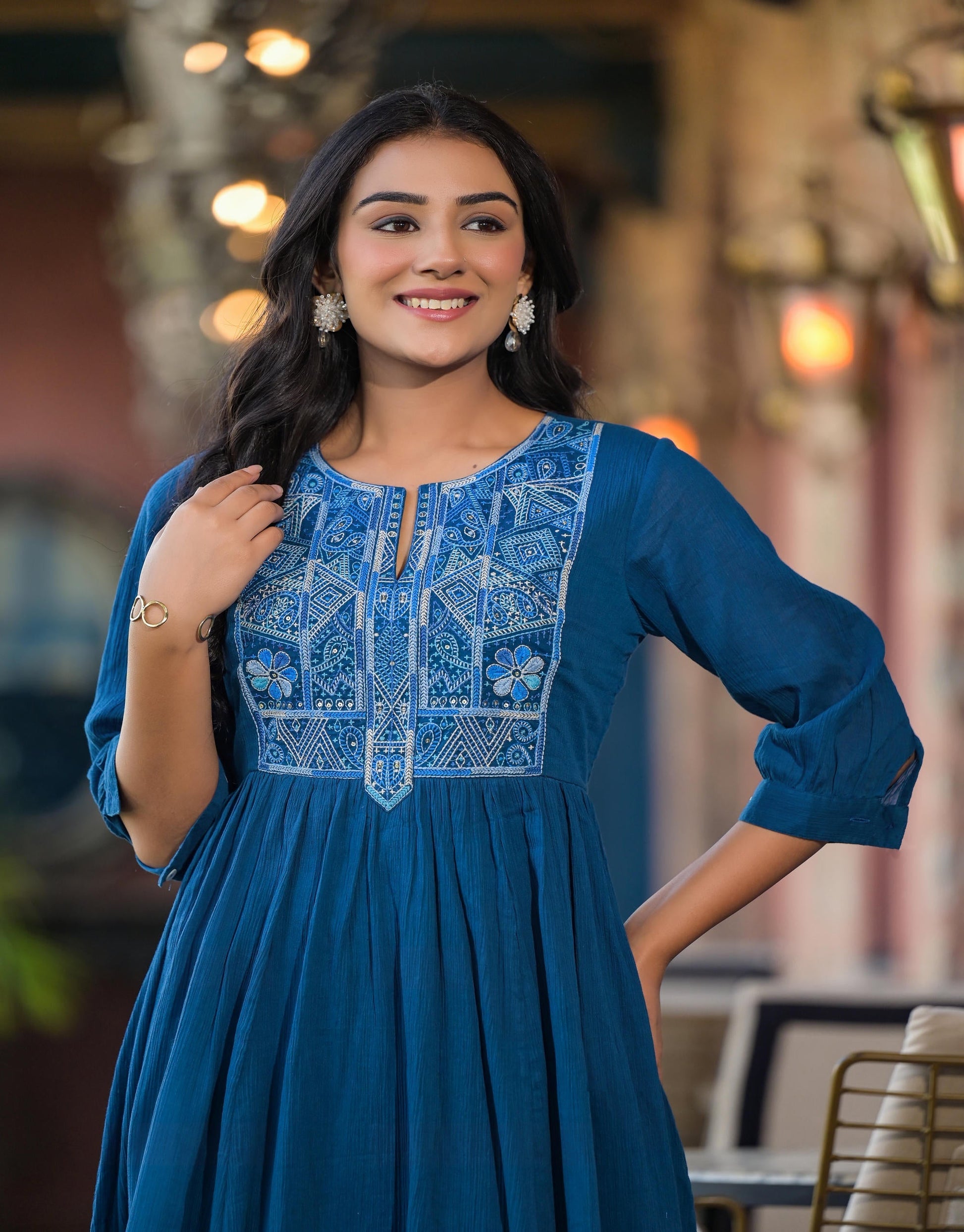 Juniper Women's Indigo Solid Cotton Long Dress With Thread Embroidery