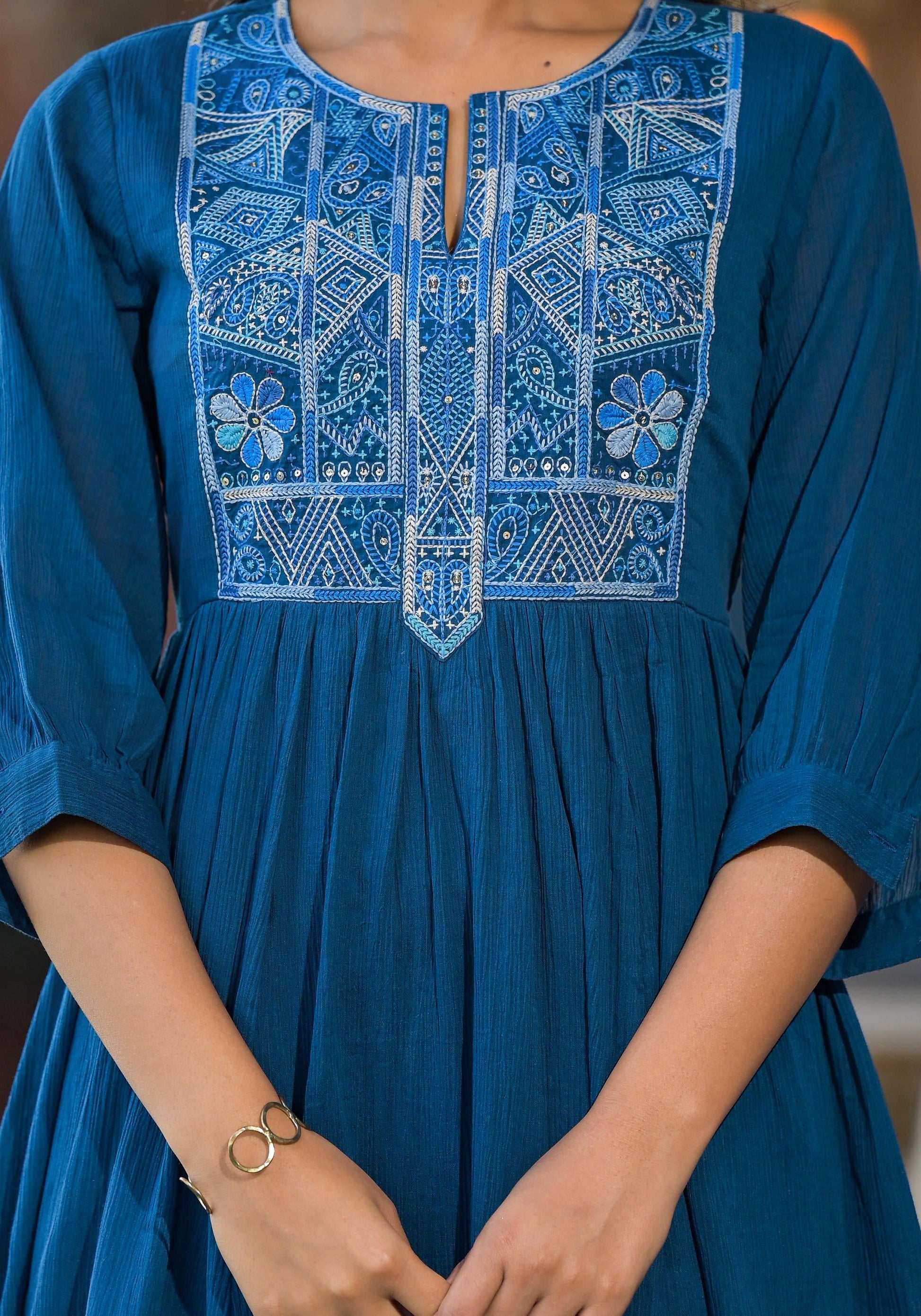 Juniper Women's Indigo Solid Cotton Long Dress With Thread Embroidery