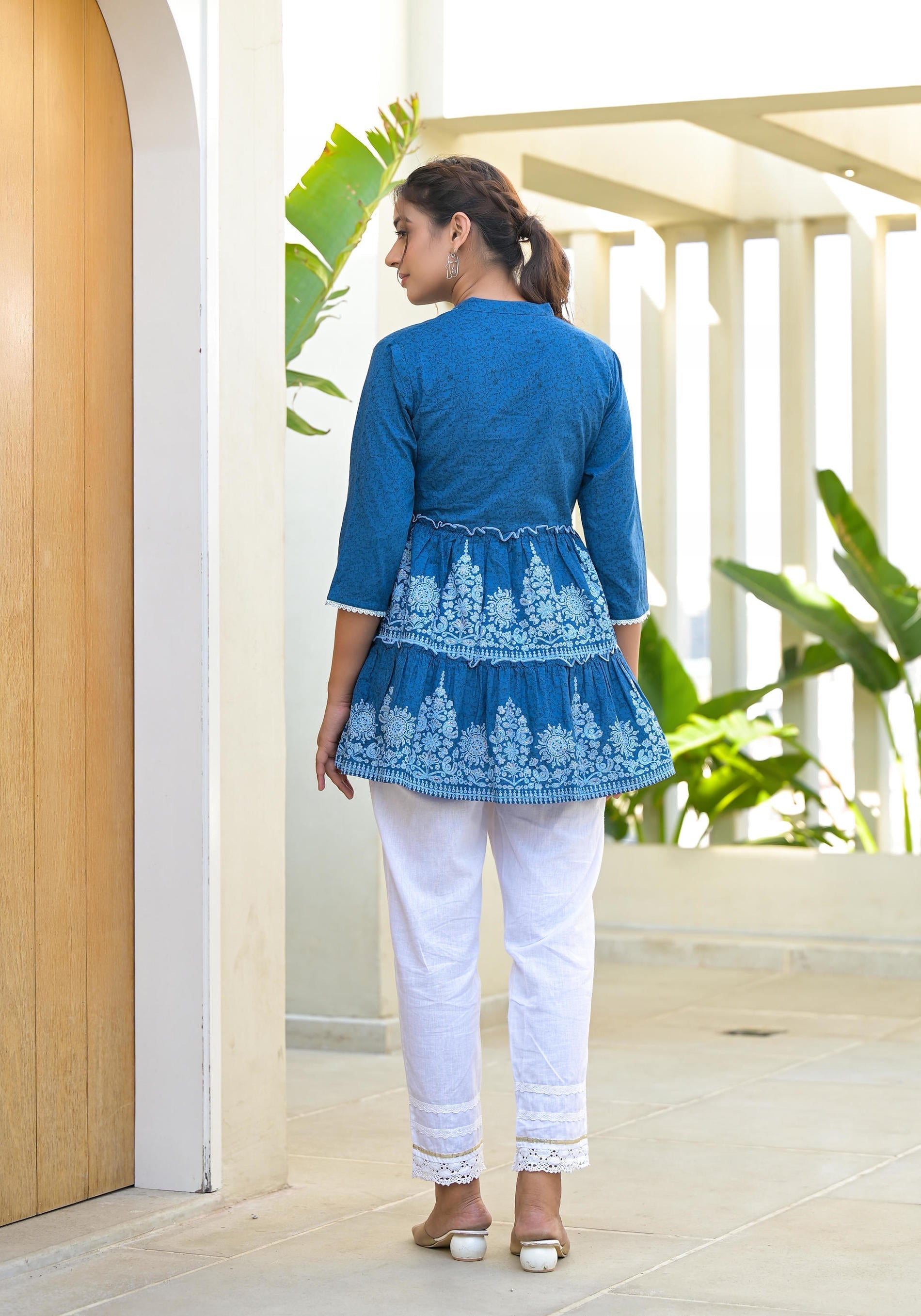 Juniper Indigo Ethnic Motif Printed Cotton Tunic With Thread Work & Sequins