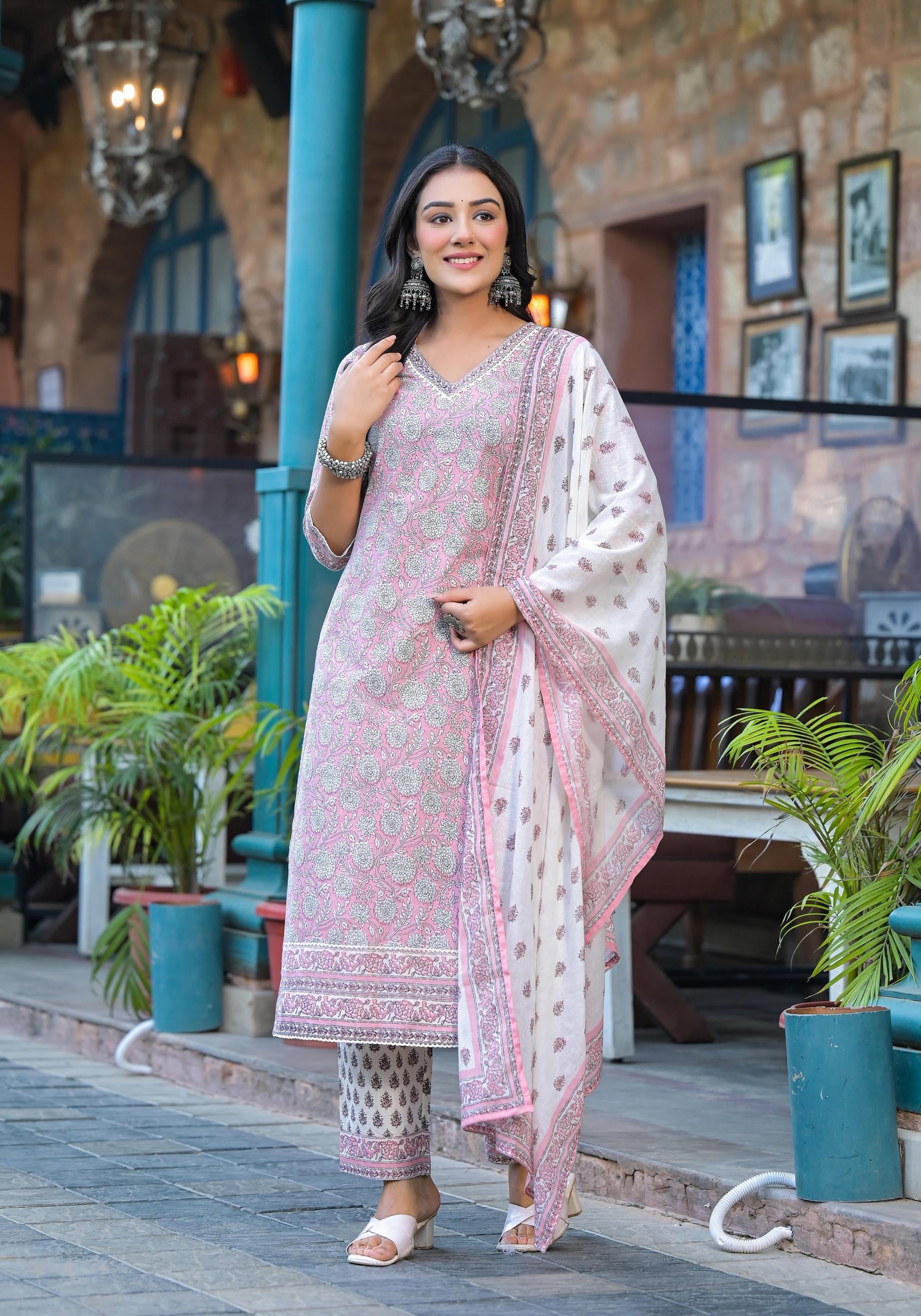 Juniper Pink Floral Printed Cotton Kurta Pant And Dupatta Set With Lace