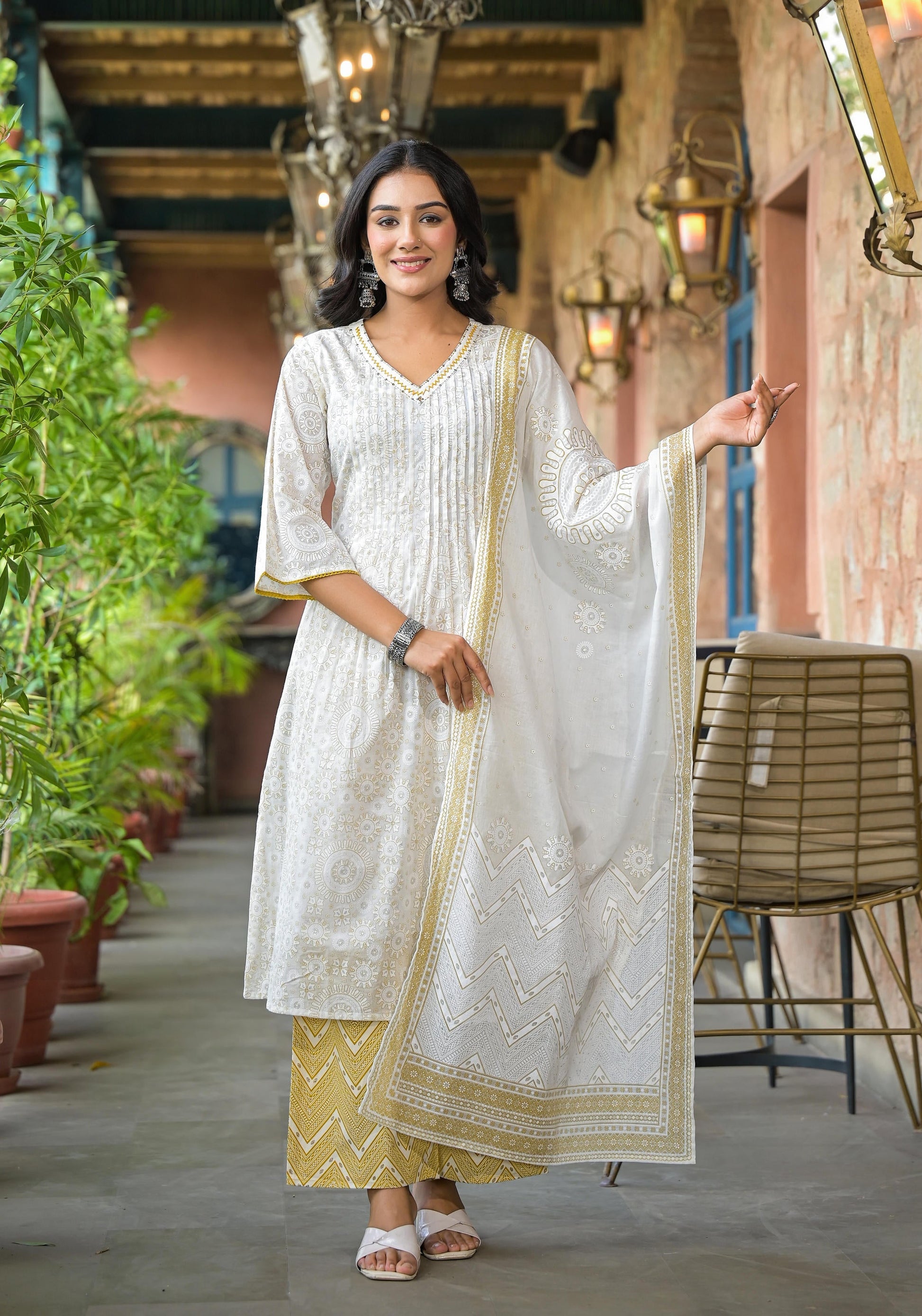 Juniper Women's Off White Abstract Printed Cotton Kurta Pant And Dupatta Set With Sequins & Thread Work