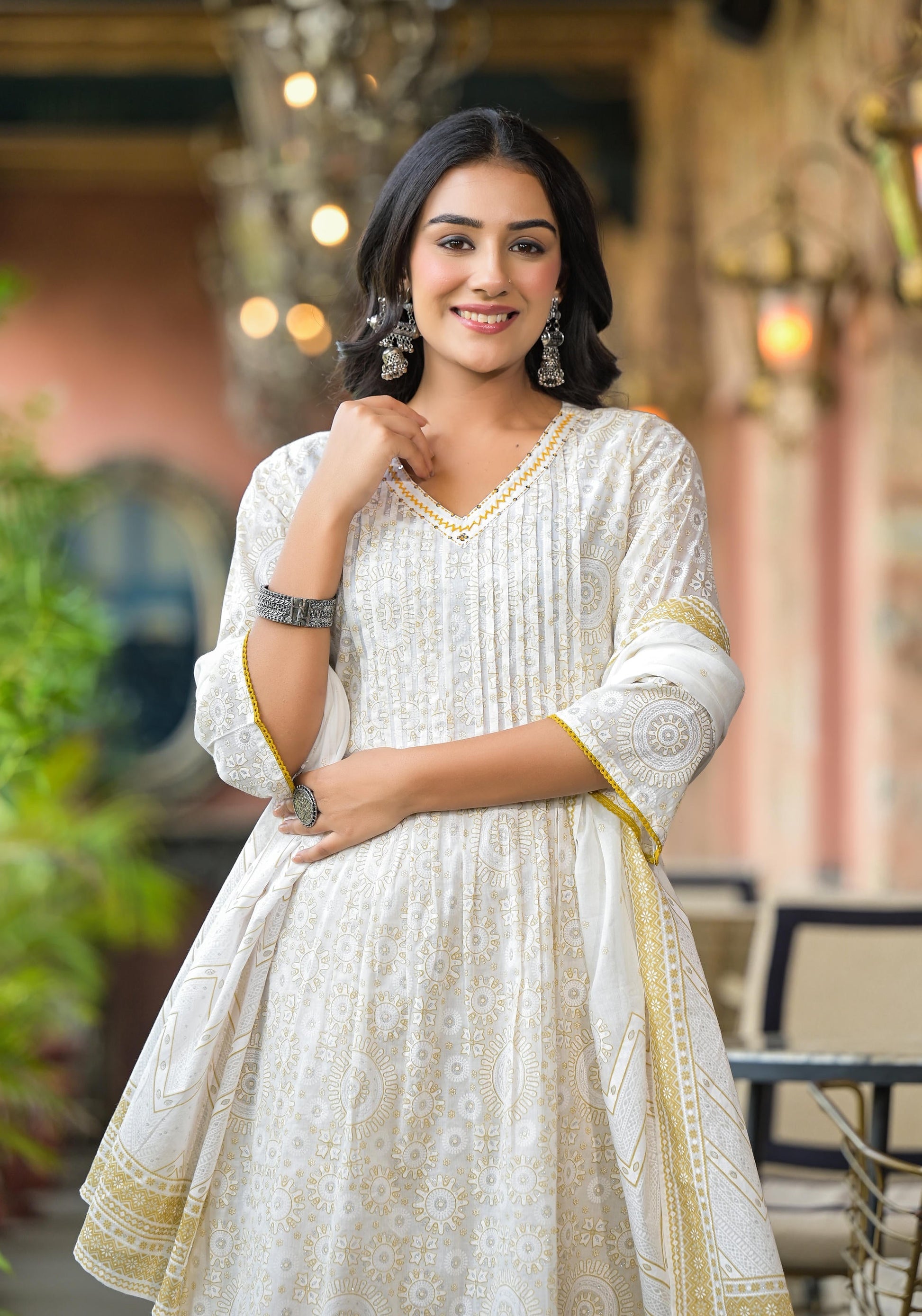 Juniper Women's Off White Abstract Printed Cotton Kurta Pant And Dupatta Set With Sequins & Thread Work