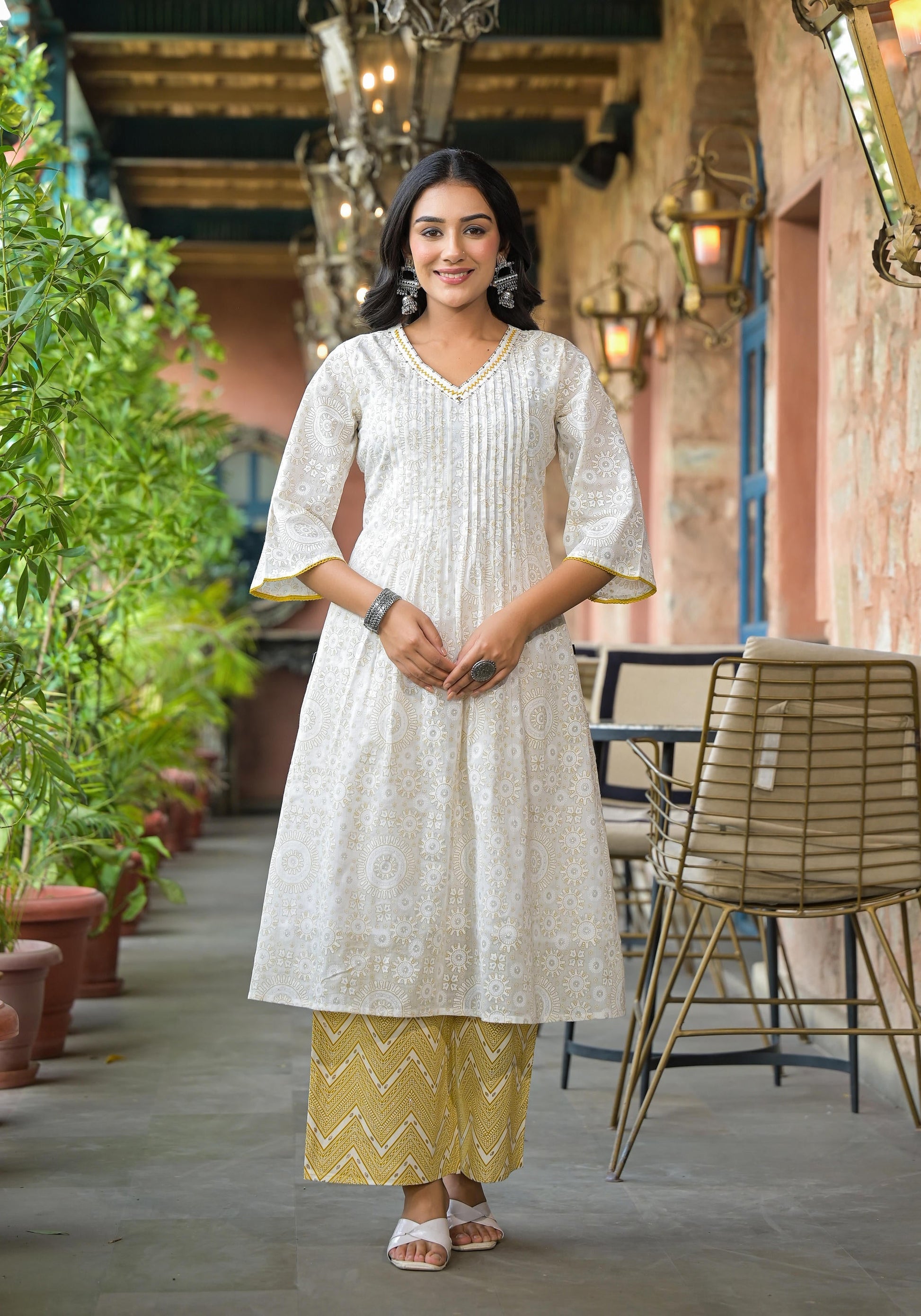 Juniper Women's Off White Abstract Printed Cotton Kurta Pant And Dupatta Set With Sequins & Thread Work
