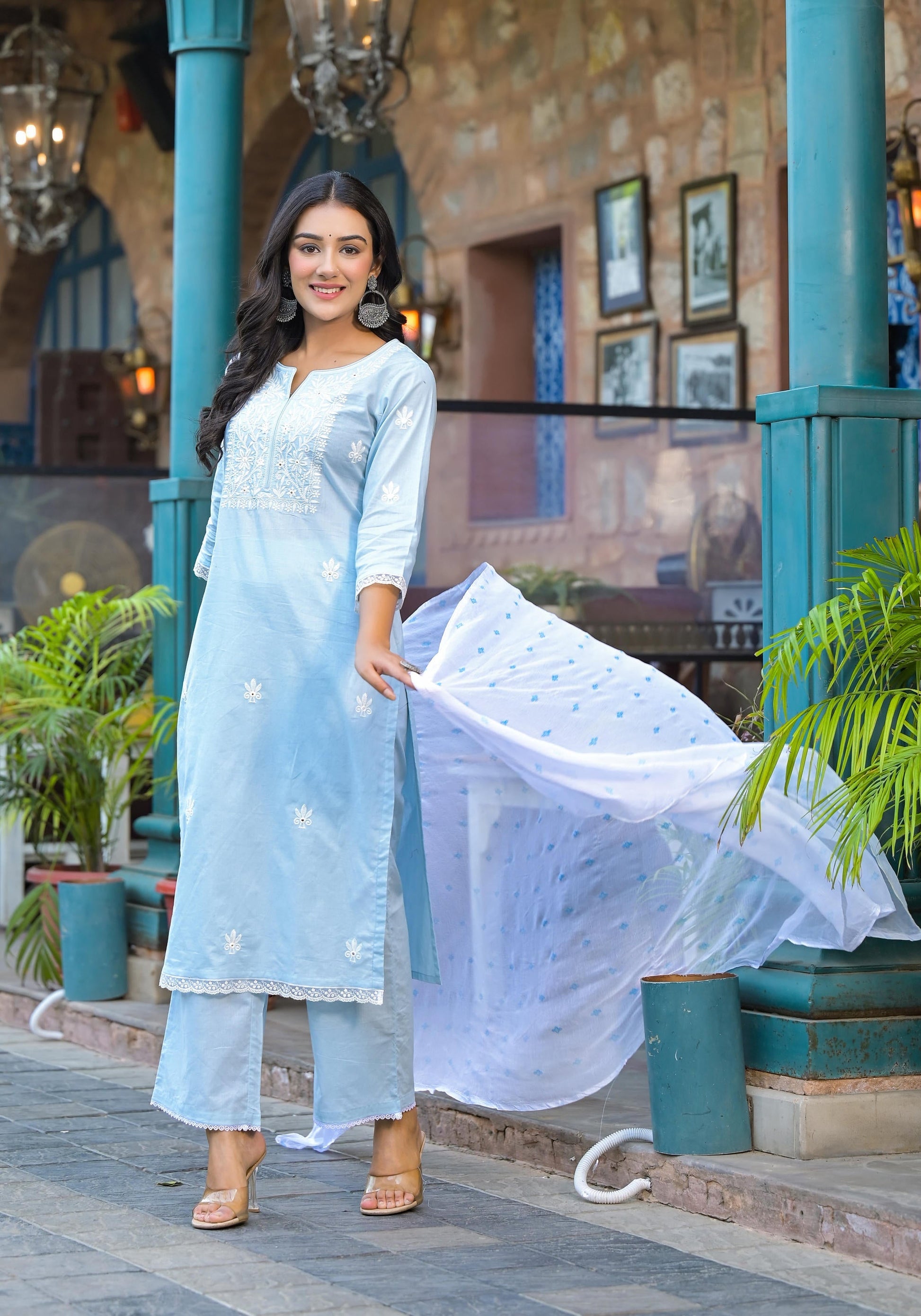 Juniper Women's Sky Blue Solid Cotton Kurta Pant And Dupatta Set With Thread Embroidery