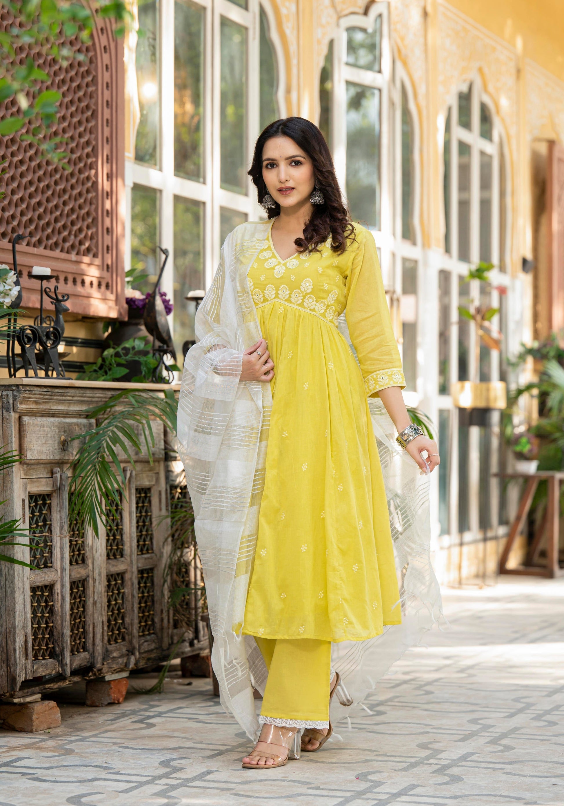 Juniper Lime Solid Cotton Kurta Pant And Dupatta Set With Thread & Mirror Work