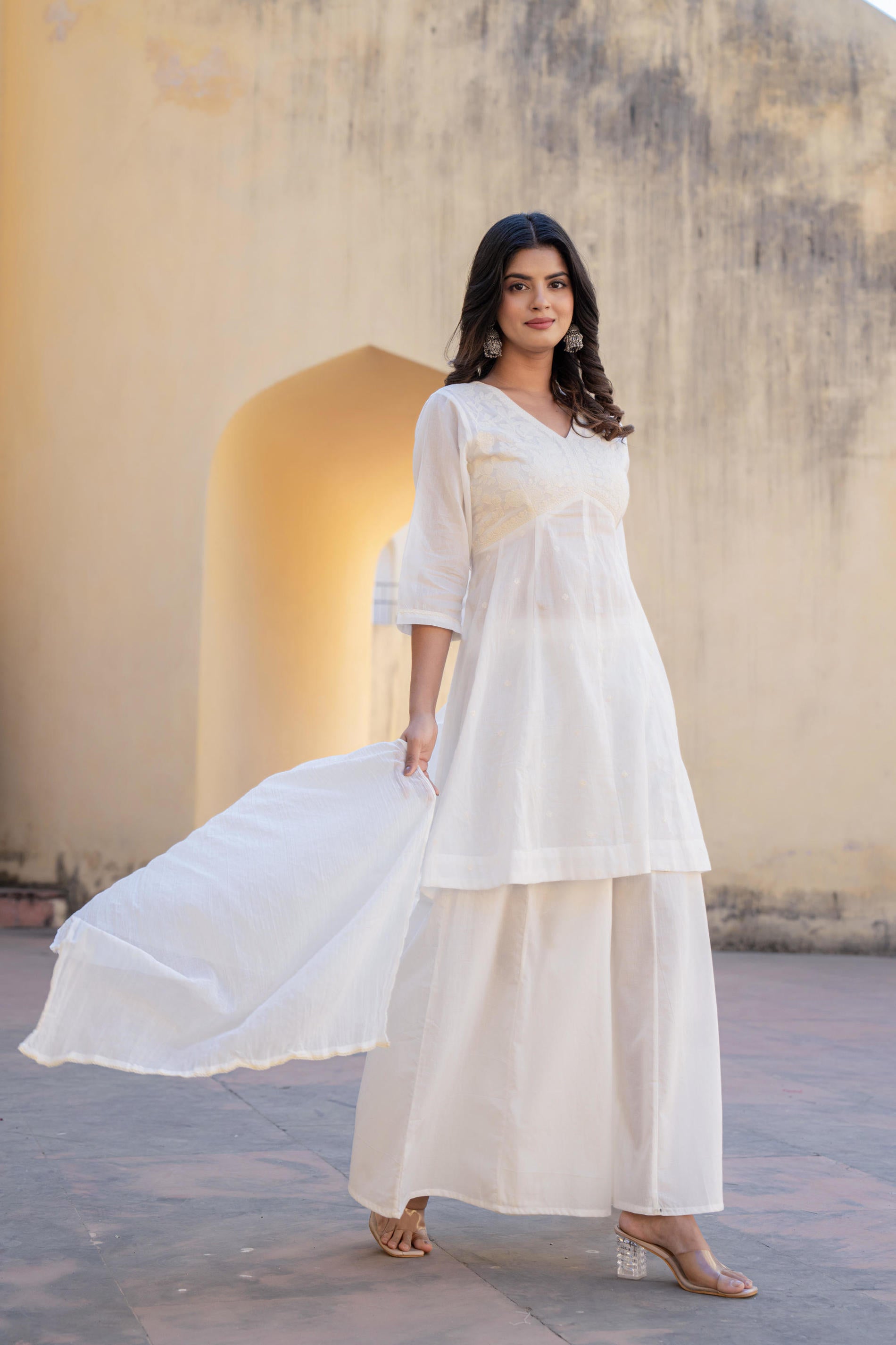 Juniper White Embroidered Anarkali Kurta Set with Palazzo & Dupatta