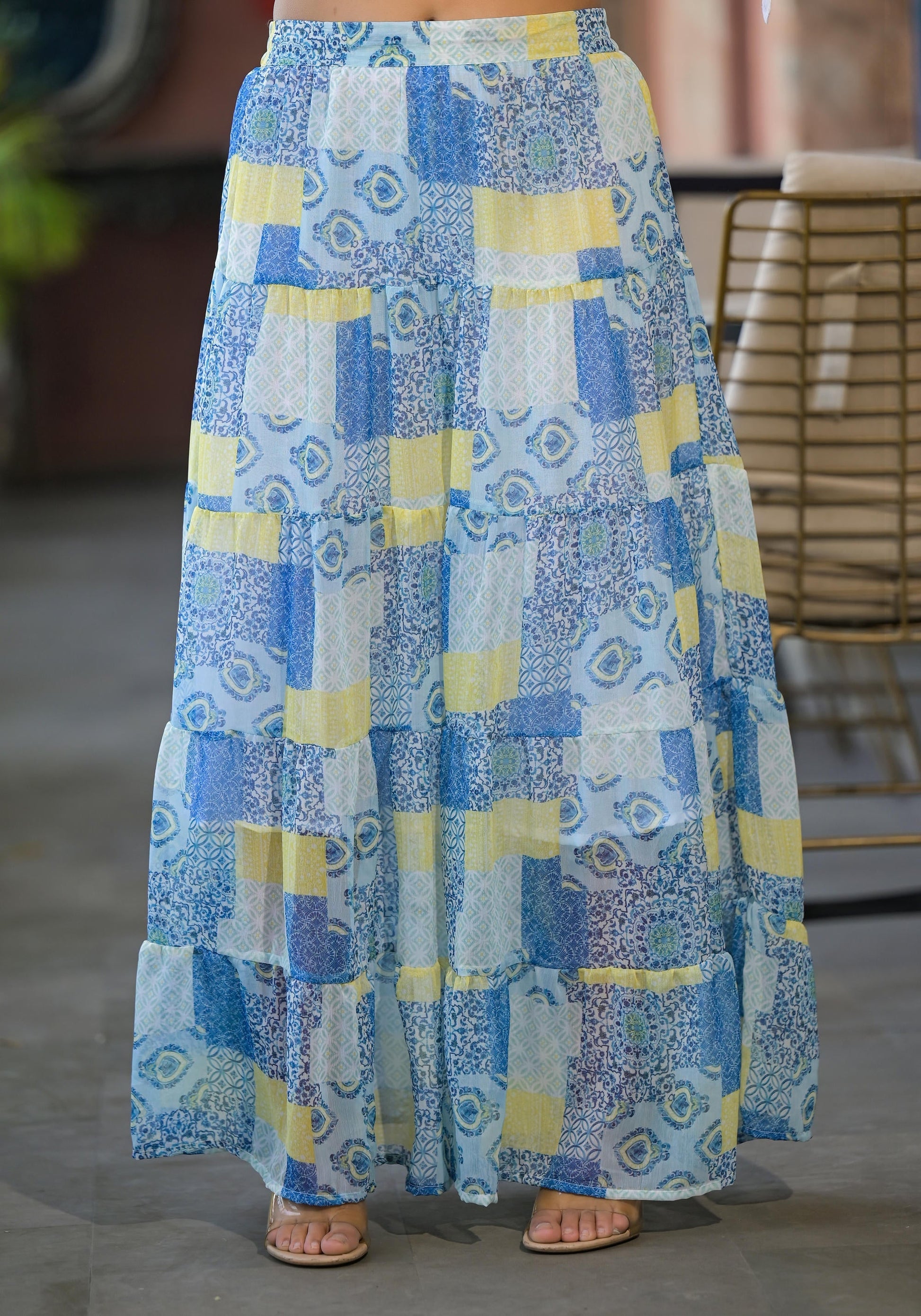Juniper White & Blue Ethnic Motif Printed Top & Skirt With Thread Work