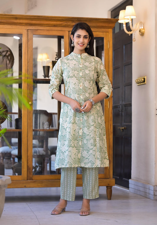 Juniper Sage Green Floral Printed Straight Kurta Set | Grab2Buy