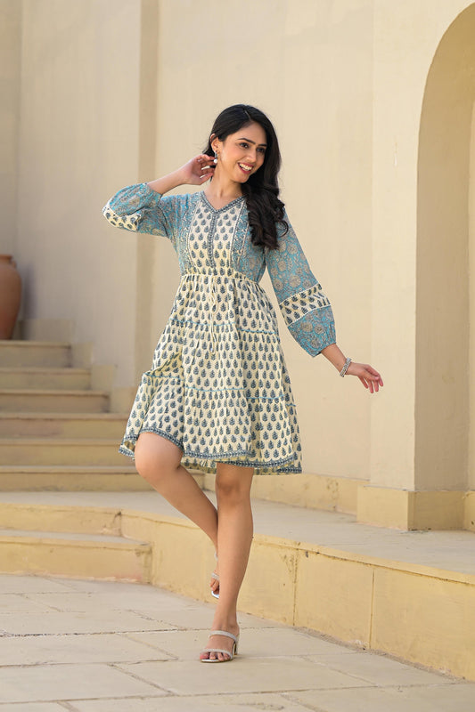 Juniper Blue Ethnic Motif Printed Cotton Short Dress With Doris