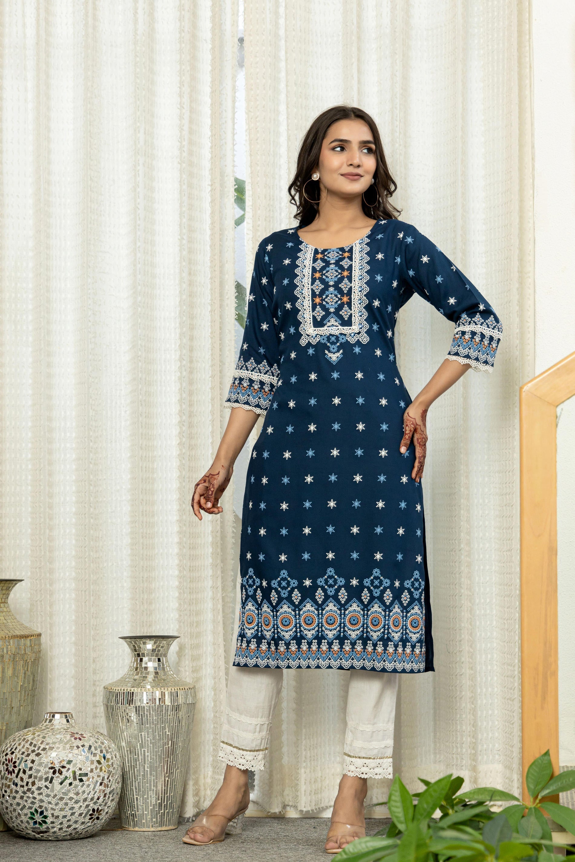 Juniper Navy Ethnic Motif Printed Viscose Kurta With Lace 