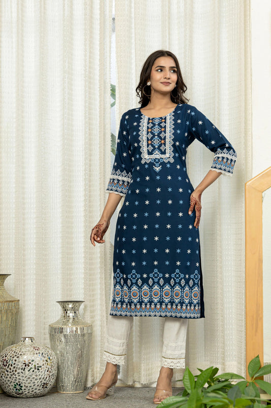 Juniper Navy Ethnic Motif Printed Viscose Kurta With Lace 