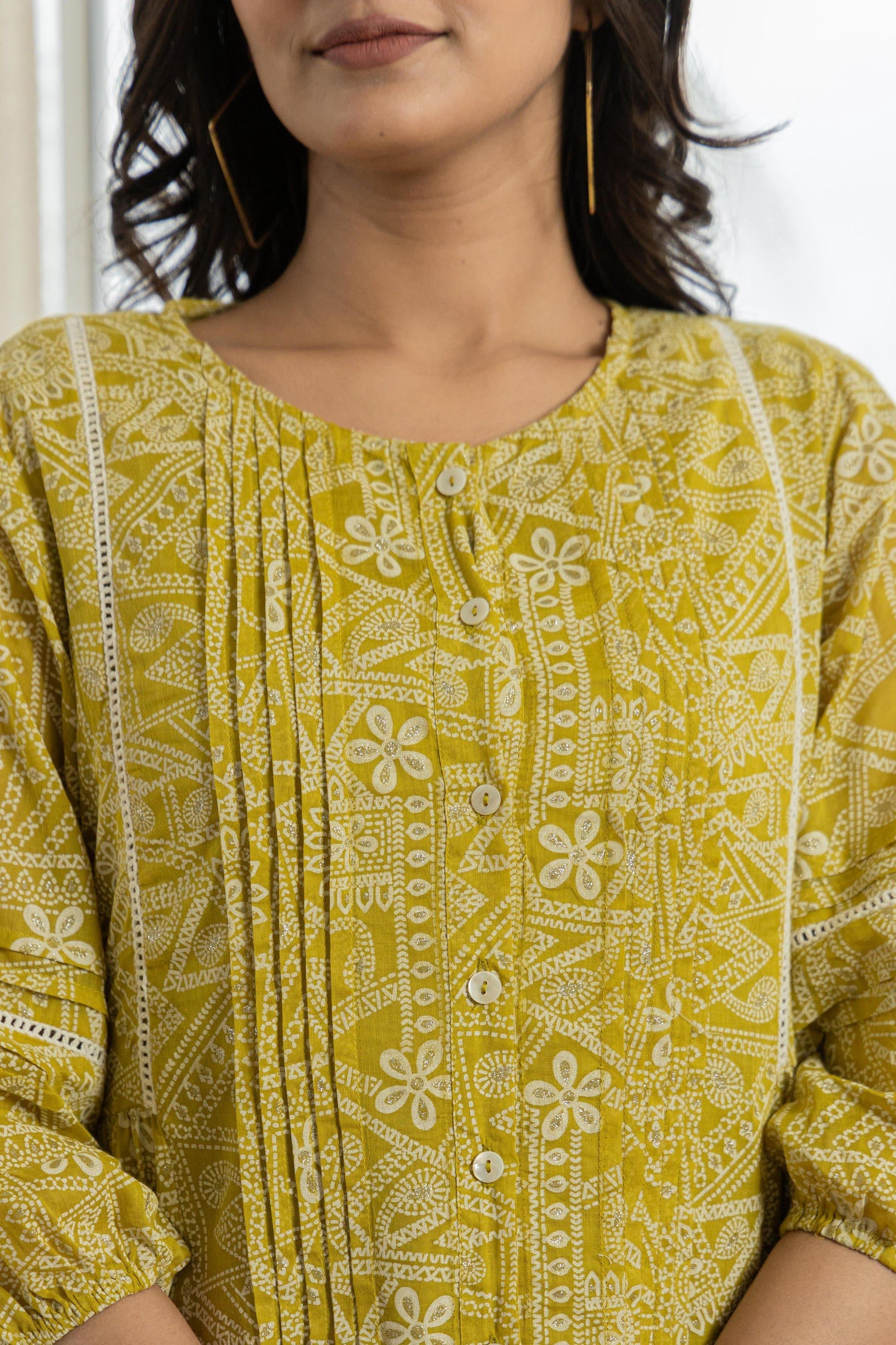 Juniper Lemon Ethnic Motif Printed Cotton Kurta With Button Closure