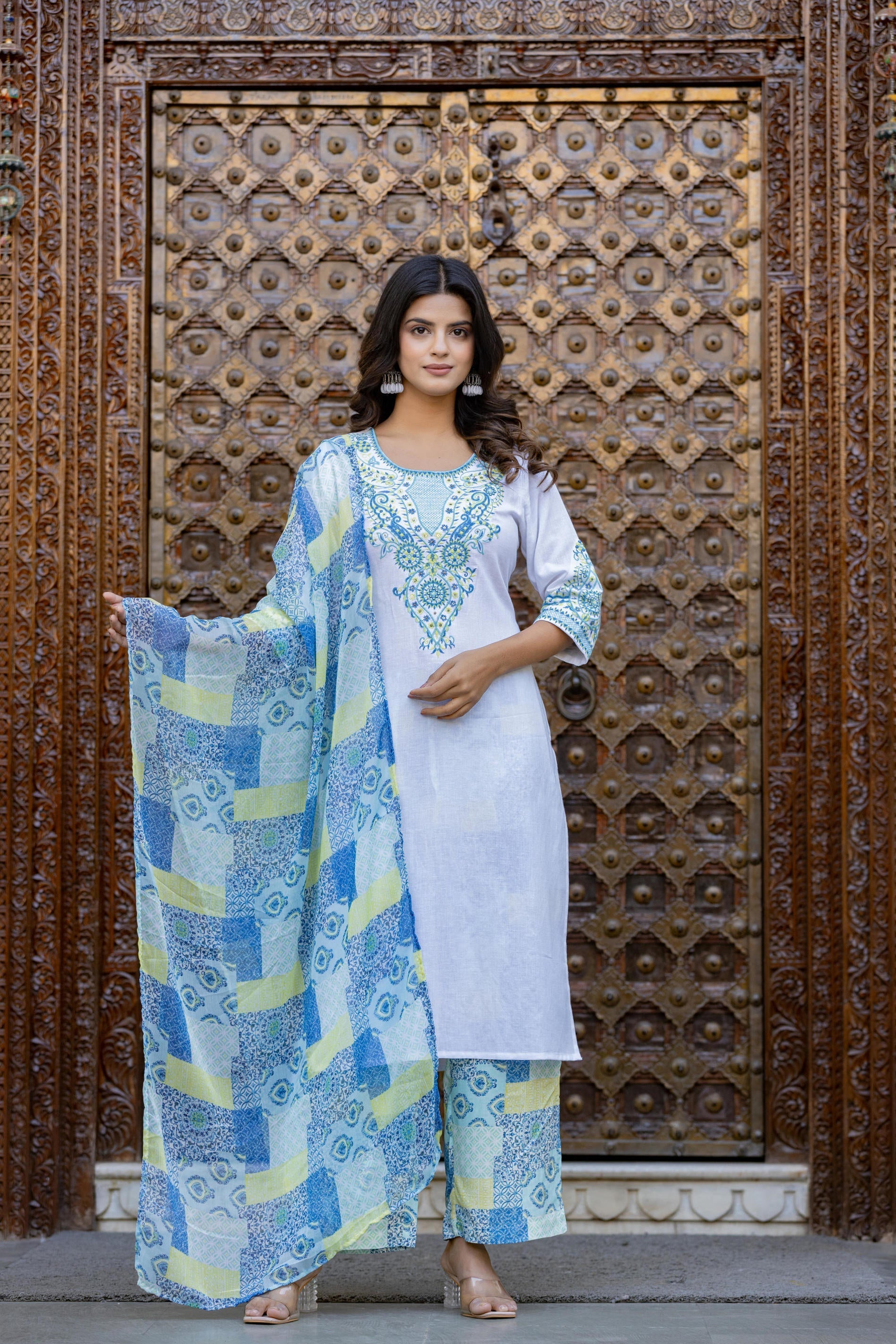 Juniper Blue Ethnic Printed Kurta Set with Dupatta