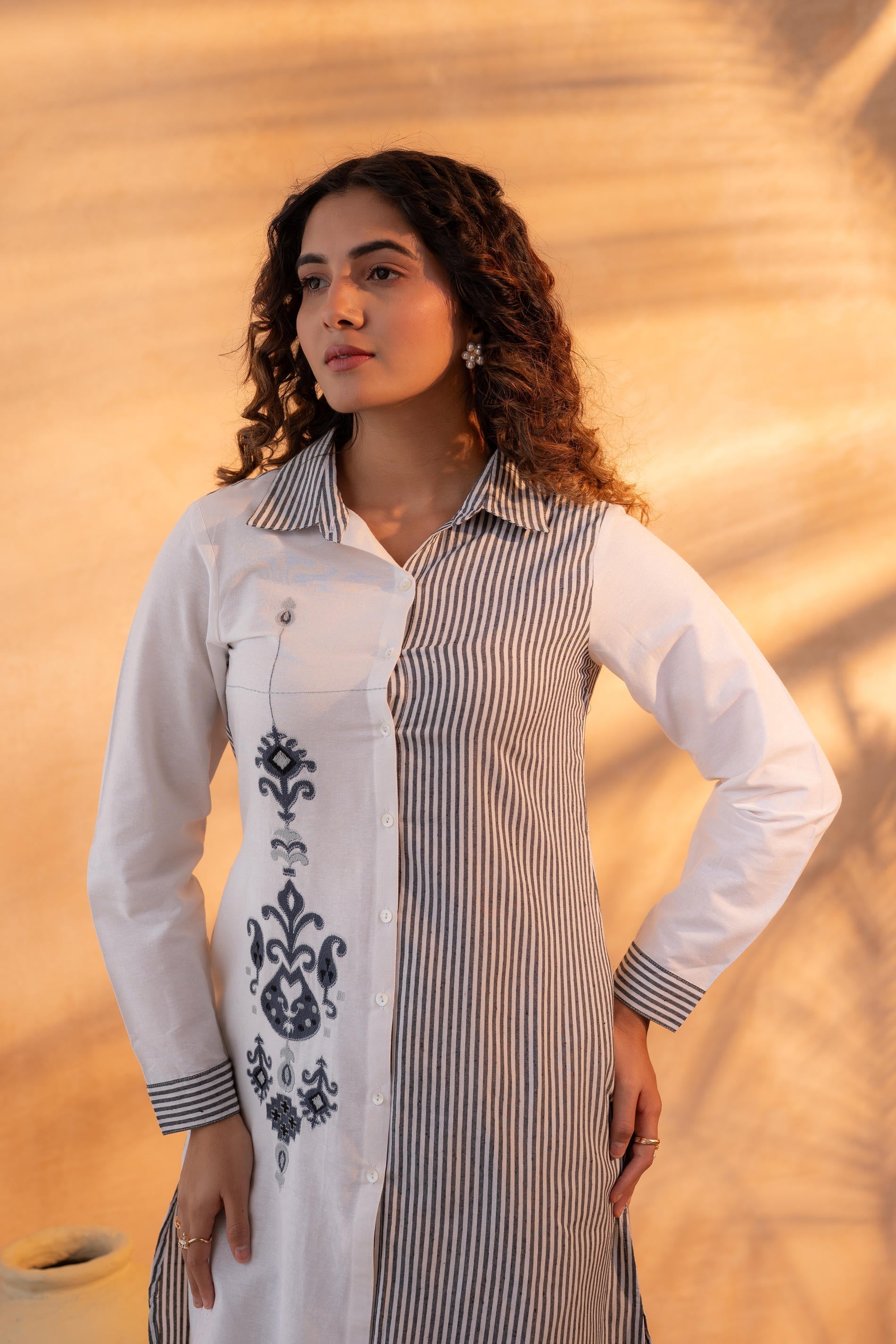 Juniper Black & White Divide Embroidered Panel Kurta Set