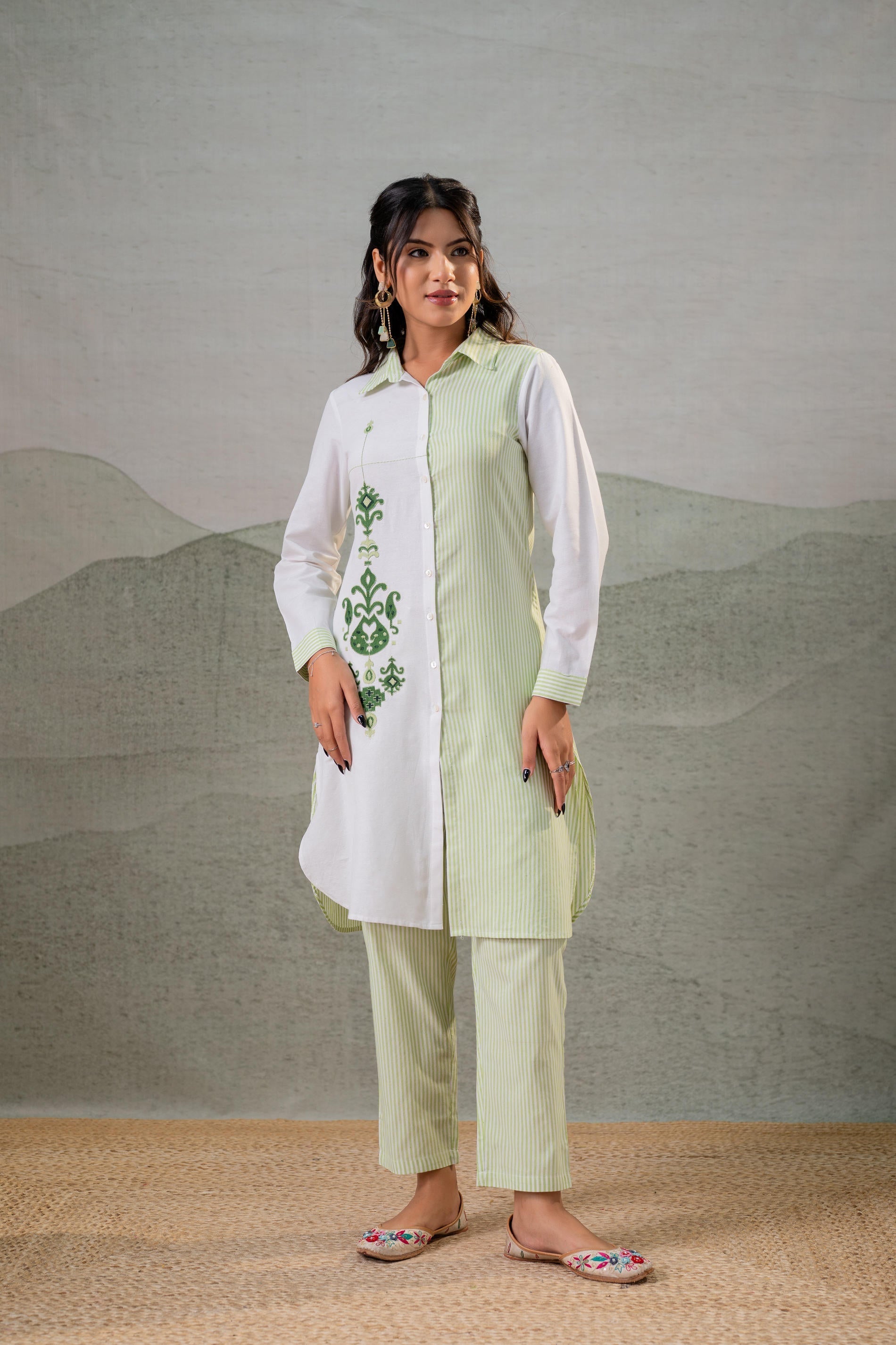 Juniper LightGreen & White Divide Embroidered Panel Kurta Set