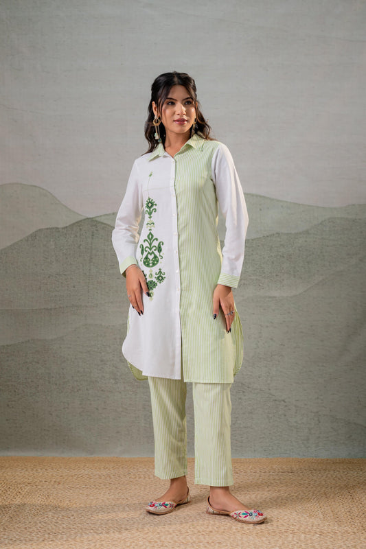 Juniper LightGreen & White Divide Embroidered Panel Kurta Set