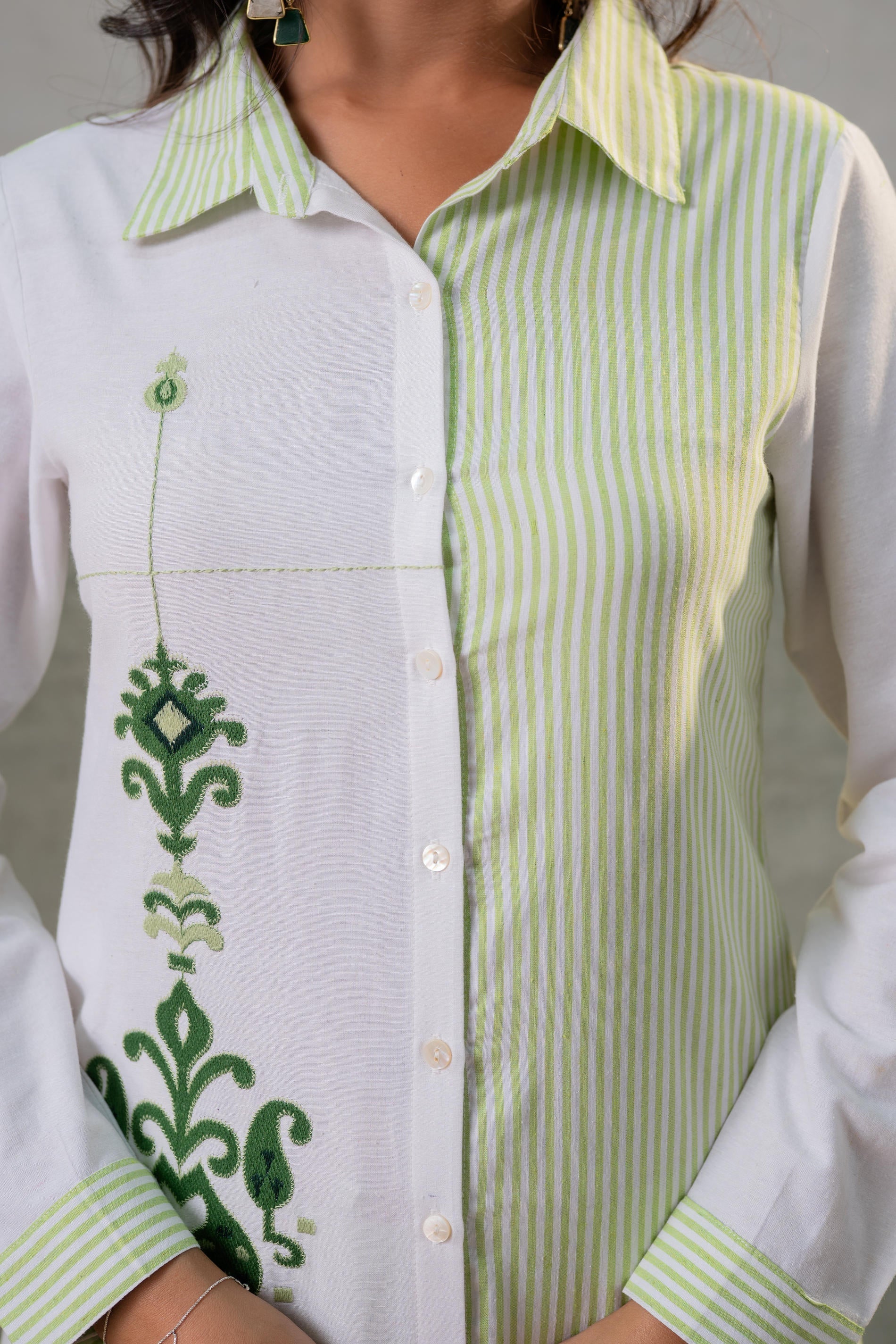 Juniper LightGreen & White Divide Embroidered Panel Kurta Set