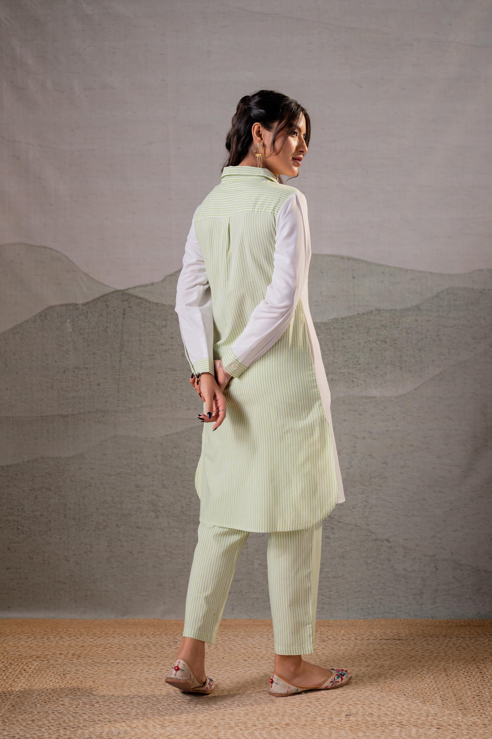 Juniper LightGreen & White Divide Embroidered Panel Kurta Set