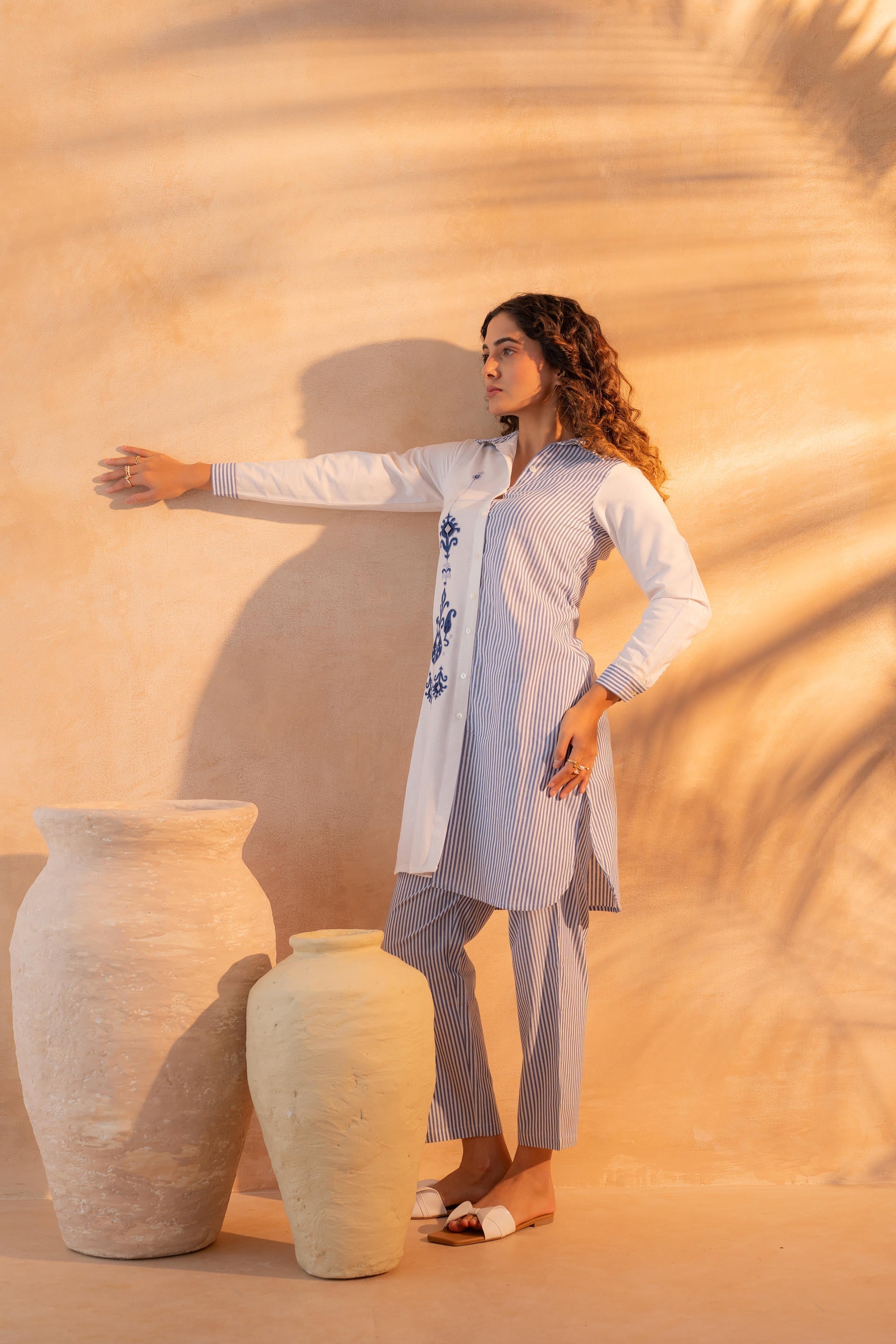 Juniper NavyBlue & White Divide Embroidered Panel Kurta Set