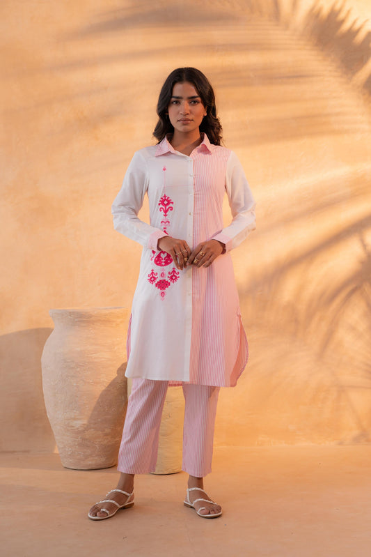Juniper Pink & White Divide Embroidered Panel Kurta Set